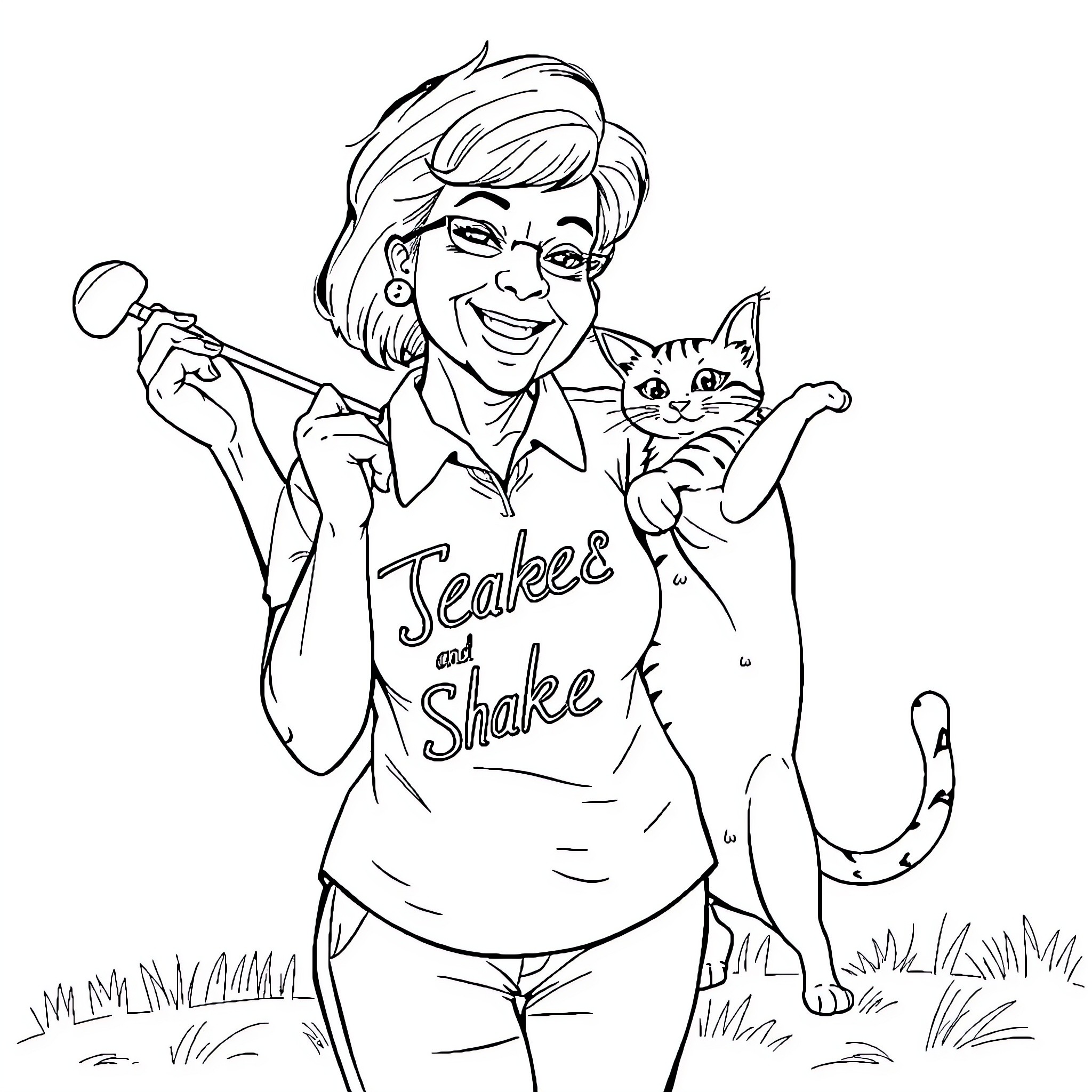 Lady Serving Milkshakes with a Friendly Cat Coloring Page (free black-and-white line drawing printable PDF for all, from beginners to advanced learners, including children, teens, adults, and seniors)