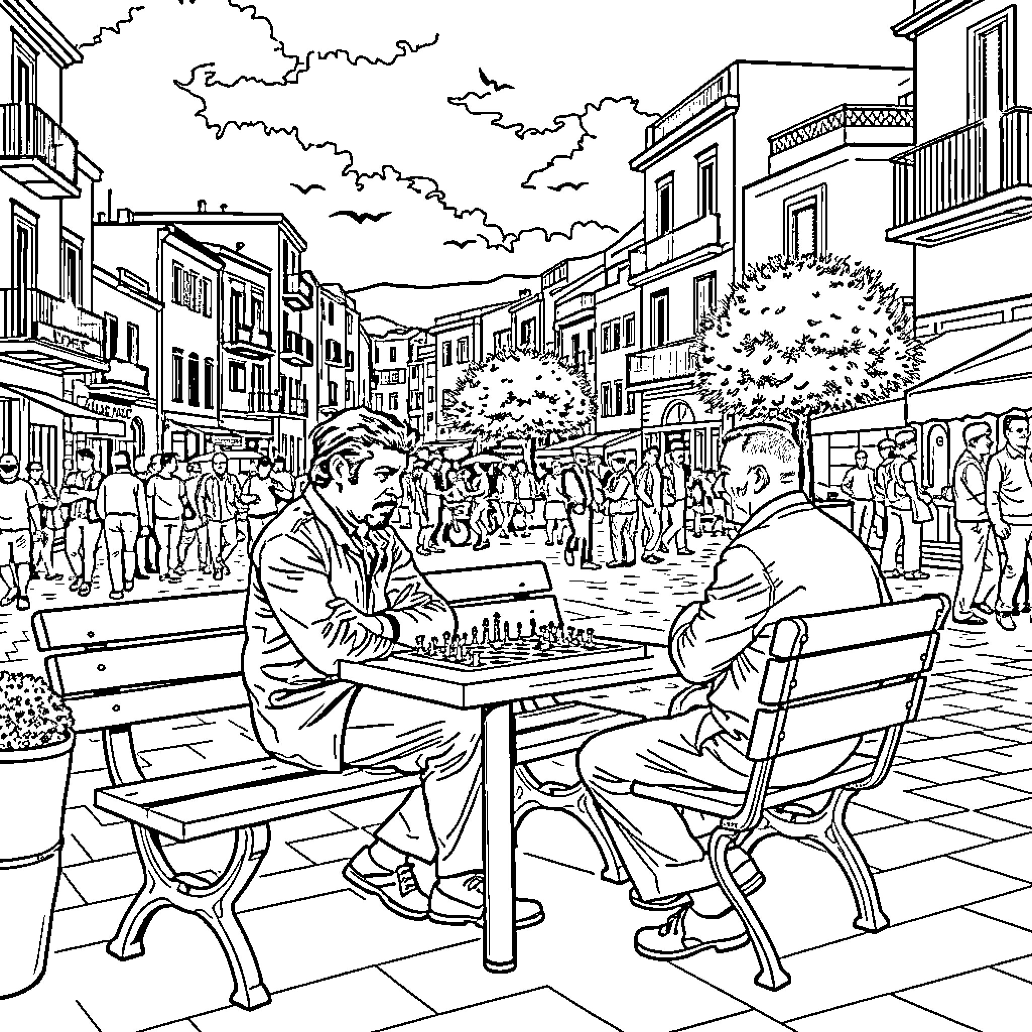 Che Guevara playing chess in a lively city street Coloring Page (free black-and-white line drawing printable PDF for all, from beginners to advanced learners, including children, teens, adults, and seniors)