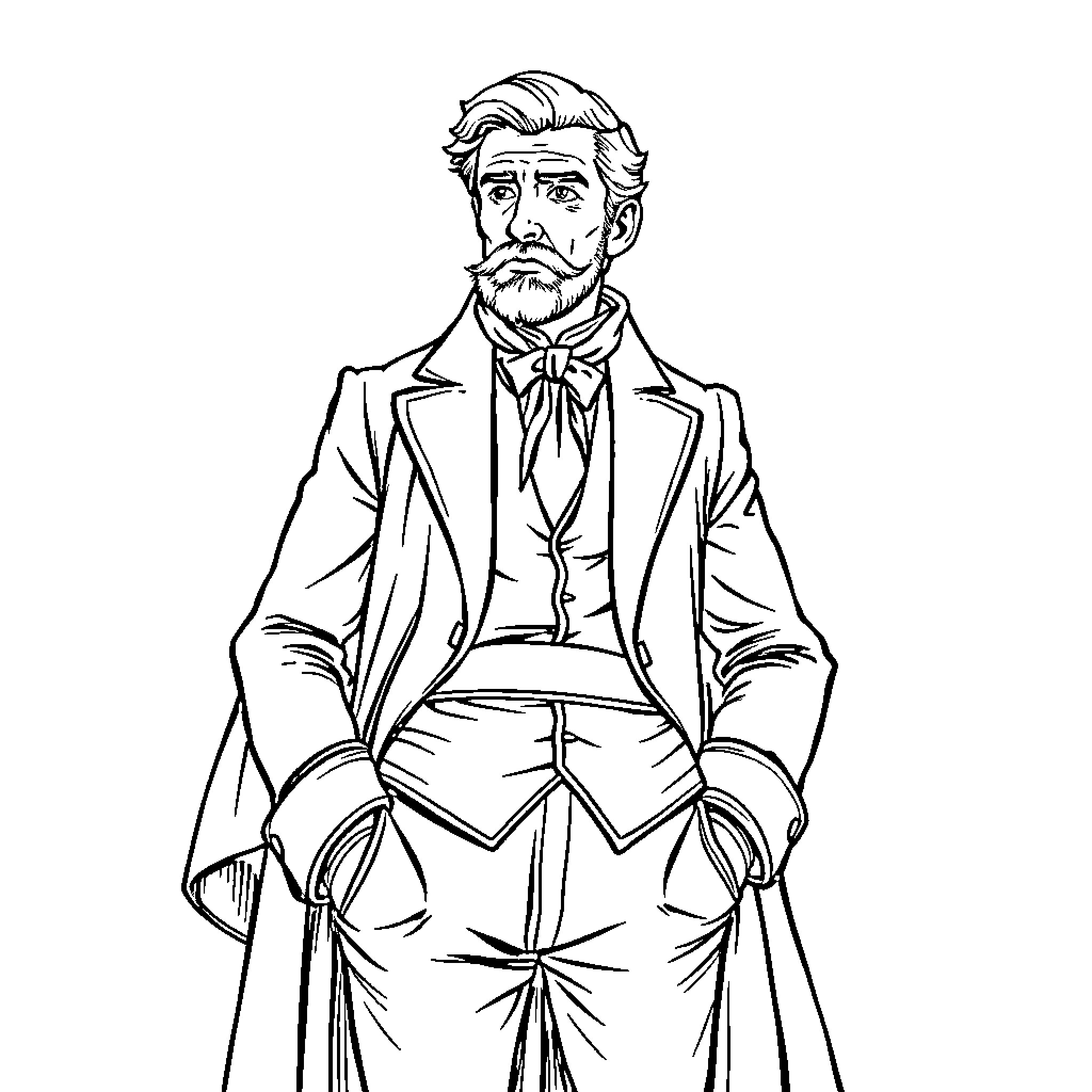 Thomas Beuque - Man in formal attire with contemplative expression Coloring Page (free black-and-white line drawing printable PDF for all, from beginners to advanced learners, including children, teens, adults, and seniors)