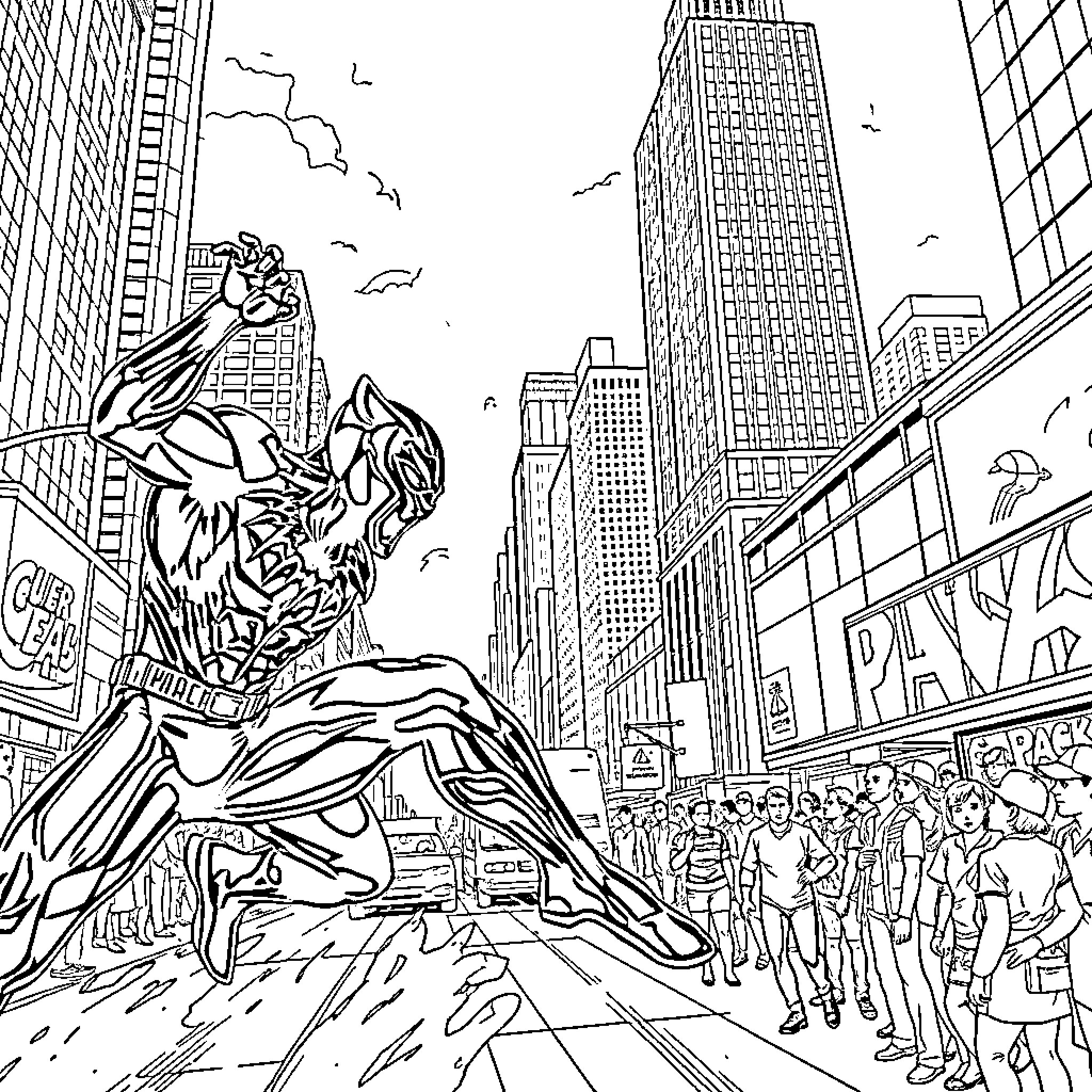 Panther Heroic Presence in Bustling City Coloring Page (free black-and-white line drawing printable PDF for all, from beginners to advanced learners, including children, teens, adults, and seniors)