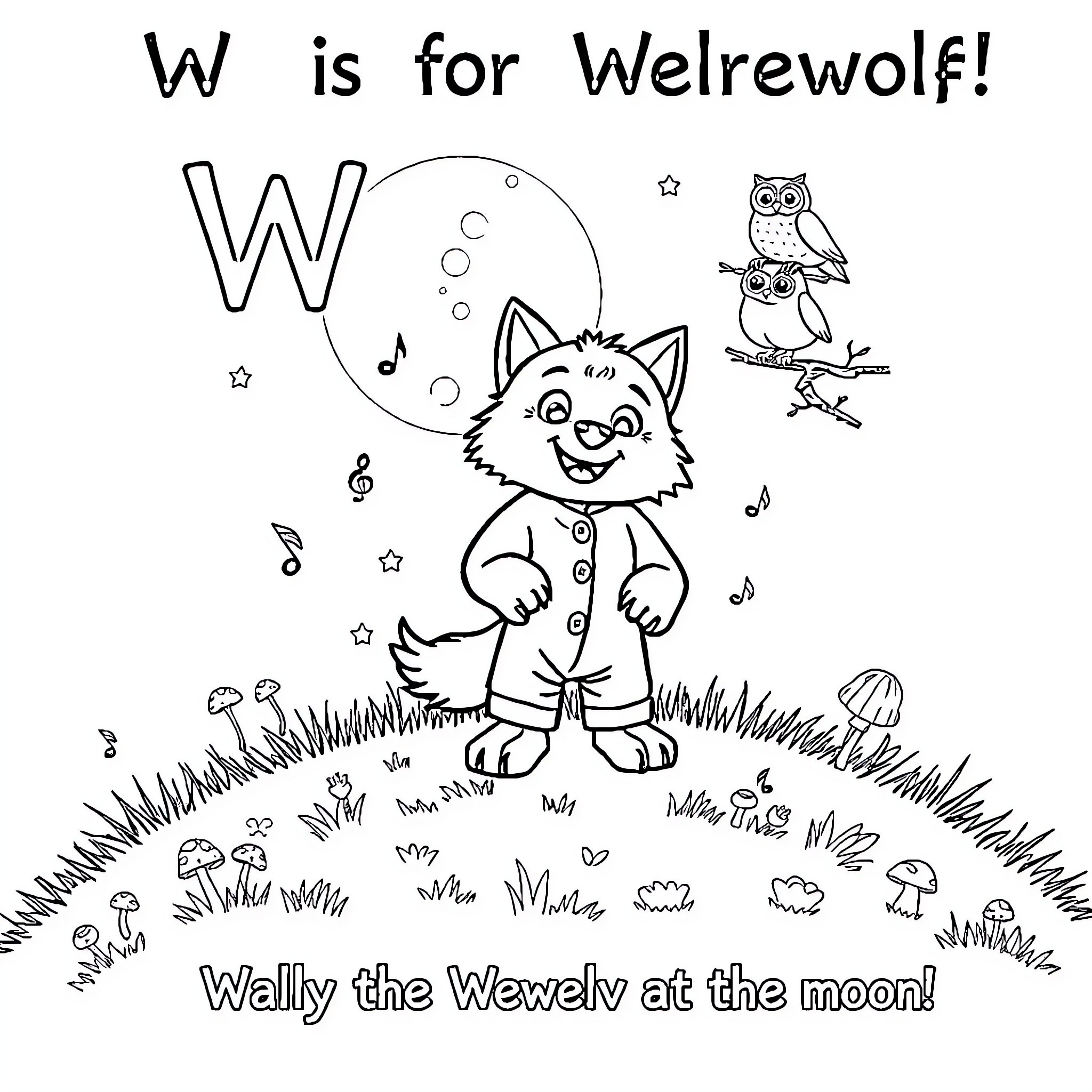 Werewolf character playing and howling at the moon Coloring Page (free black-and-white line drawing printable PDF for all, from beginners to advanced learners, including children, teens, adults, and seniors)