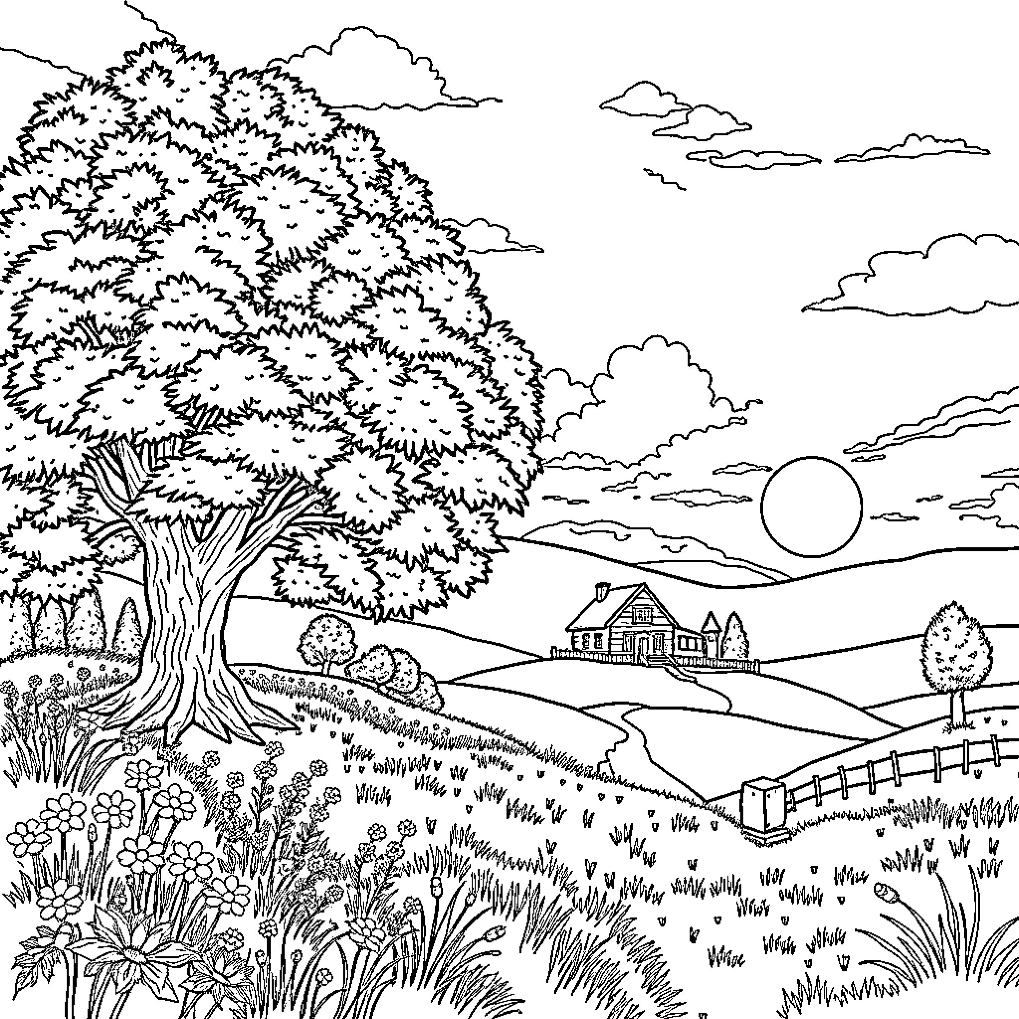 Tree in a Peaceful Countryside Landscape Coloring Page (free black-and-white line drawing printable PDF for all, from beginners to advanced learners, including children, teens, adults, and seniors)