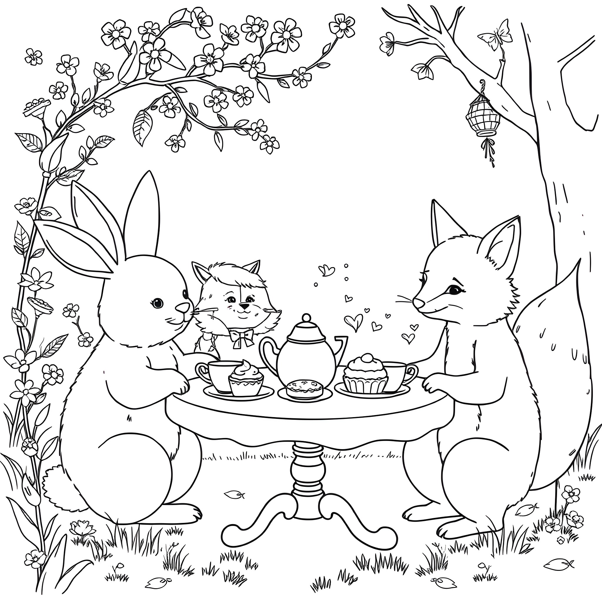 Animal friends having a tea party in the garden Coloring Page (free black-and-white line drawing printable PDF for all, from beginners to advanced learners, including children, teens, adults, and seniors)