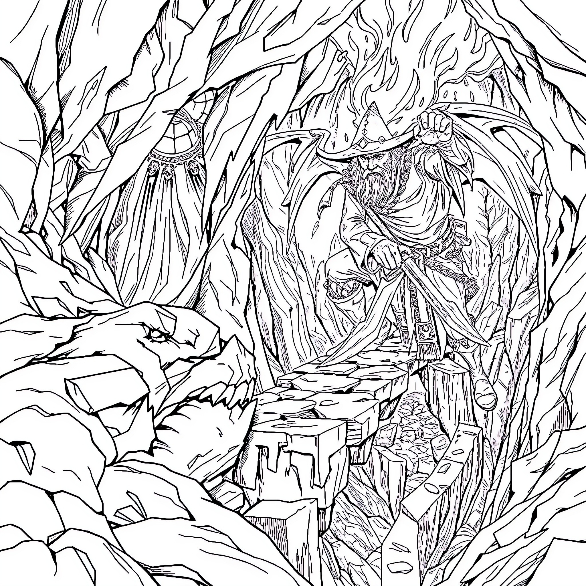 Gandalf the Wizard Exploring a Mysterious Forest Coloring Page (free black-and-white line drawing printable PDF for all, from beginners to advanced learners, including children, teens, adults, and seniors)