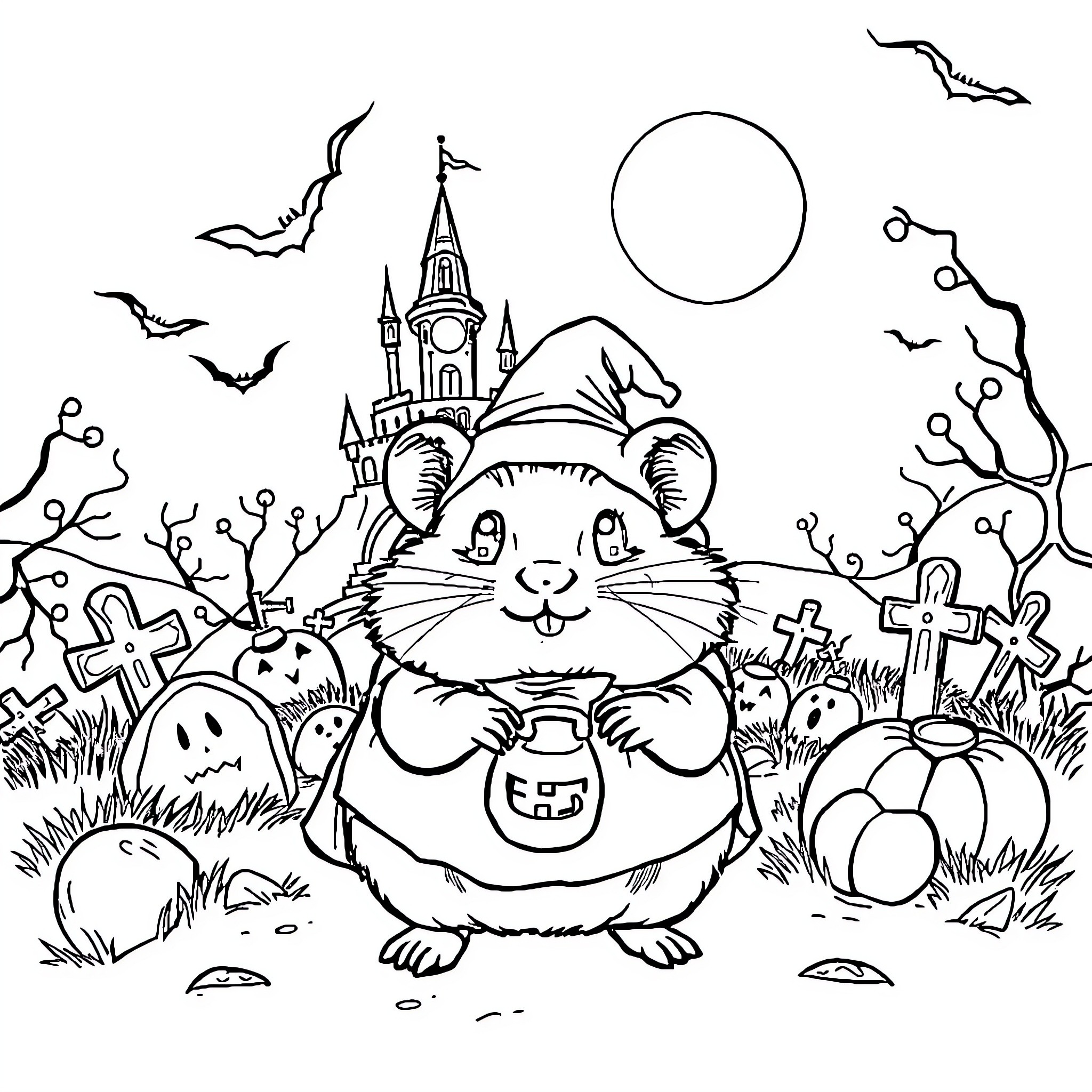 Hamster in a Halloween scene Coloring Page (free black-and-white line drawing printable PDF for all, from beginners to advanced learners, including children, teens, adults, and seniors)