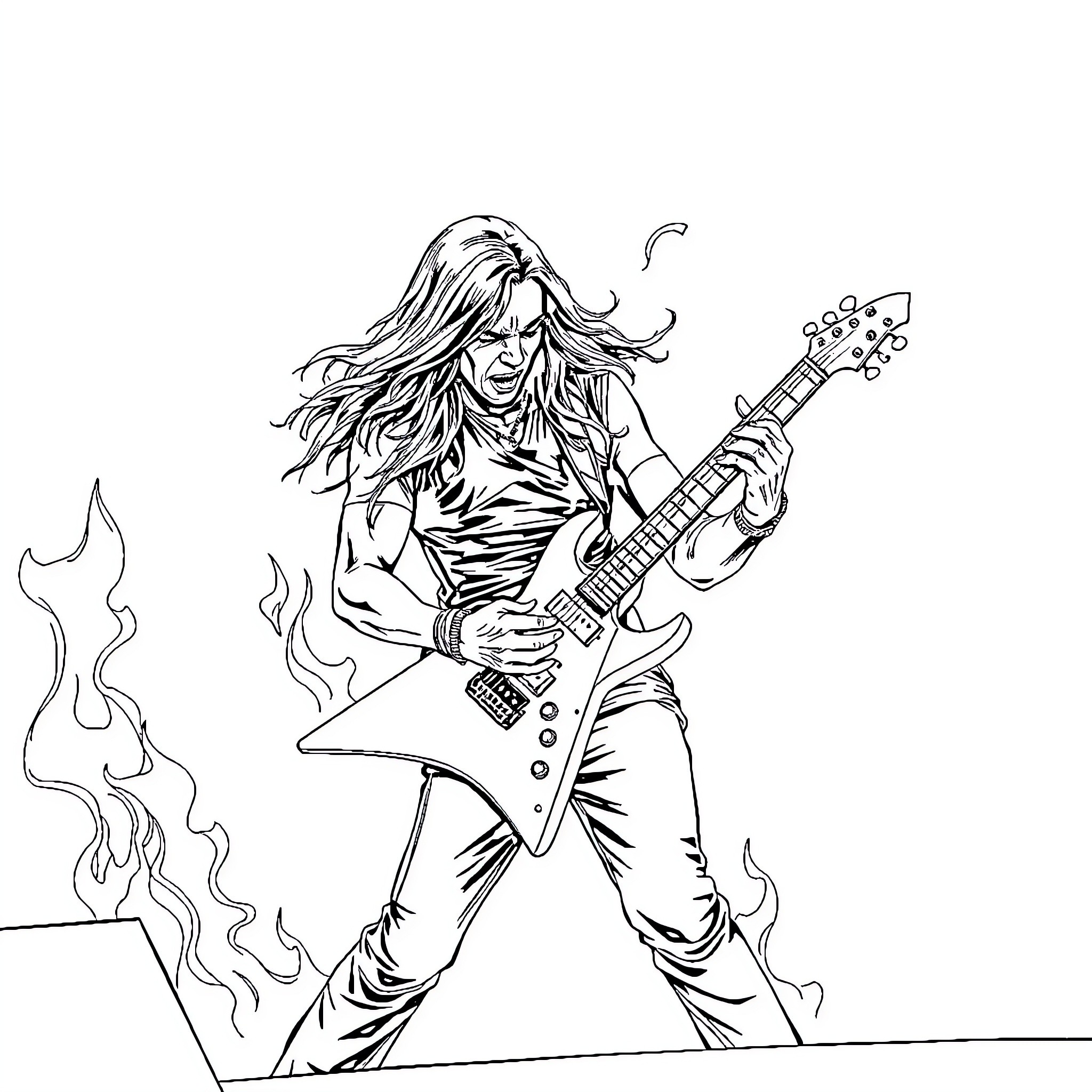 Guitar Player Rocking on Stage Coloring Page (free black-and-white line drawing printable PDF for all, from beginners to advanced learners, including children, teens, adults, and seniors)