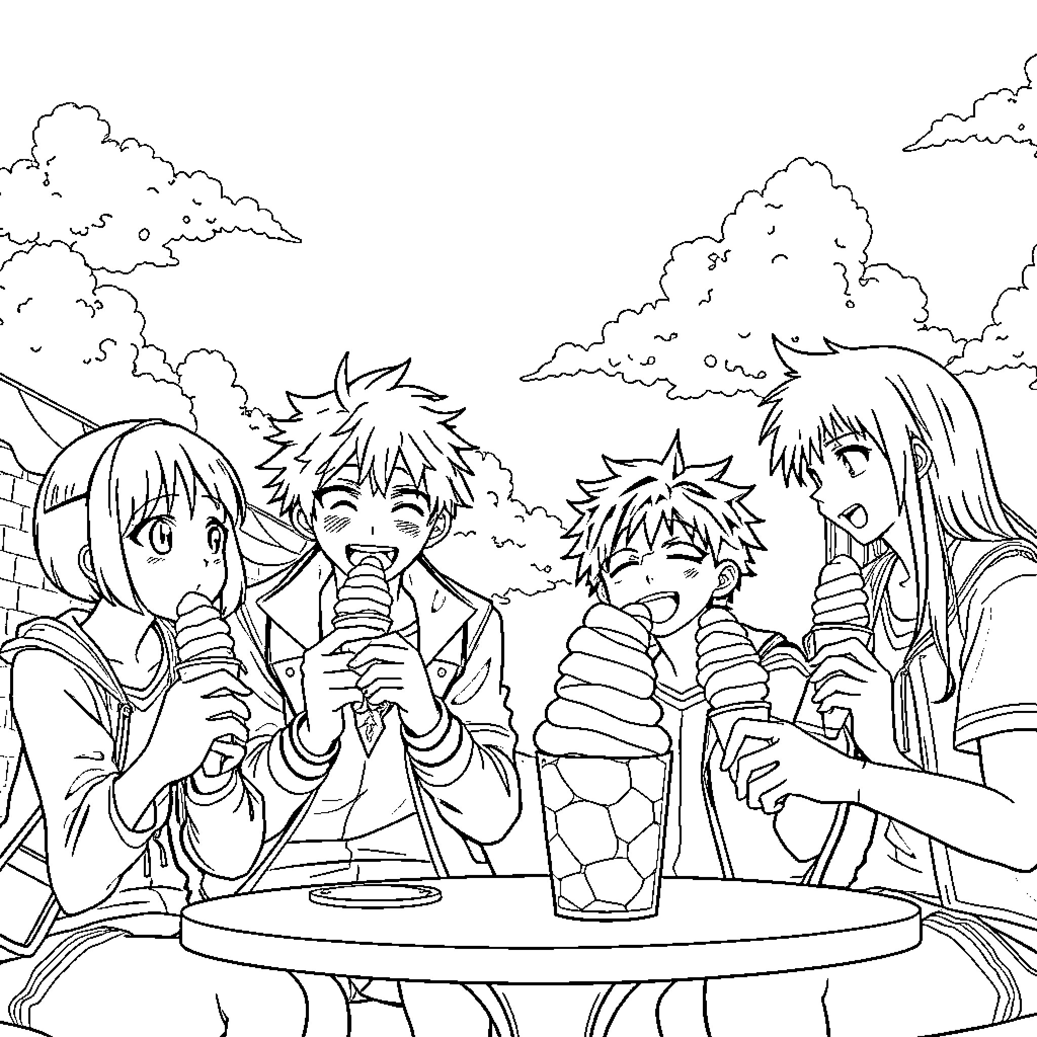Hero group enjoys ice cream in the park Coloring Page (free black-and-white line drawing printable PDF for all, from beginners to advanced learners, including children, teens, adults, and seniors)