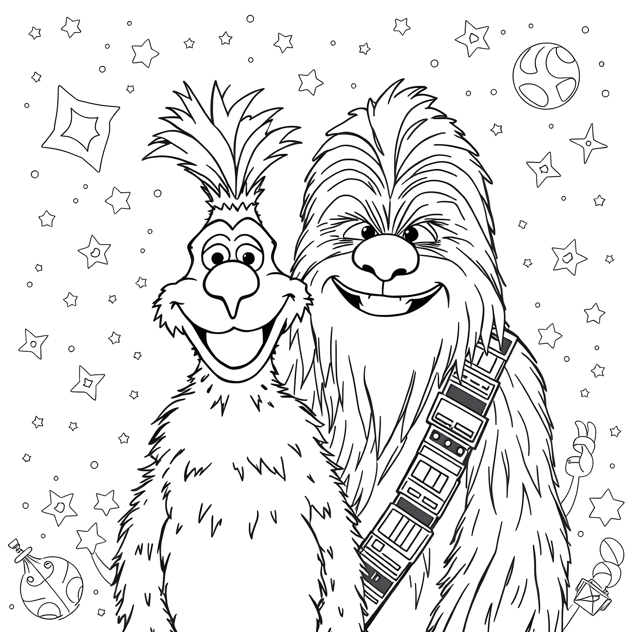 Alf and Chewbacca having fun under the stars Coloring Page (free black-and-white line drawing printable PDF for all, from beginners to advanced learners, including children, teens, adults, and seniors)