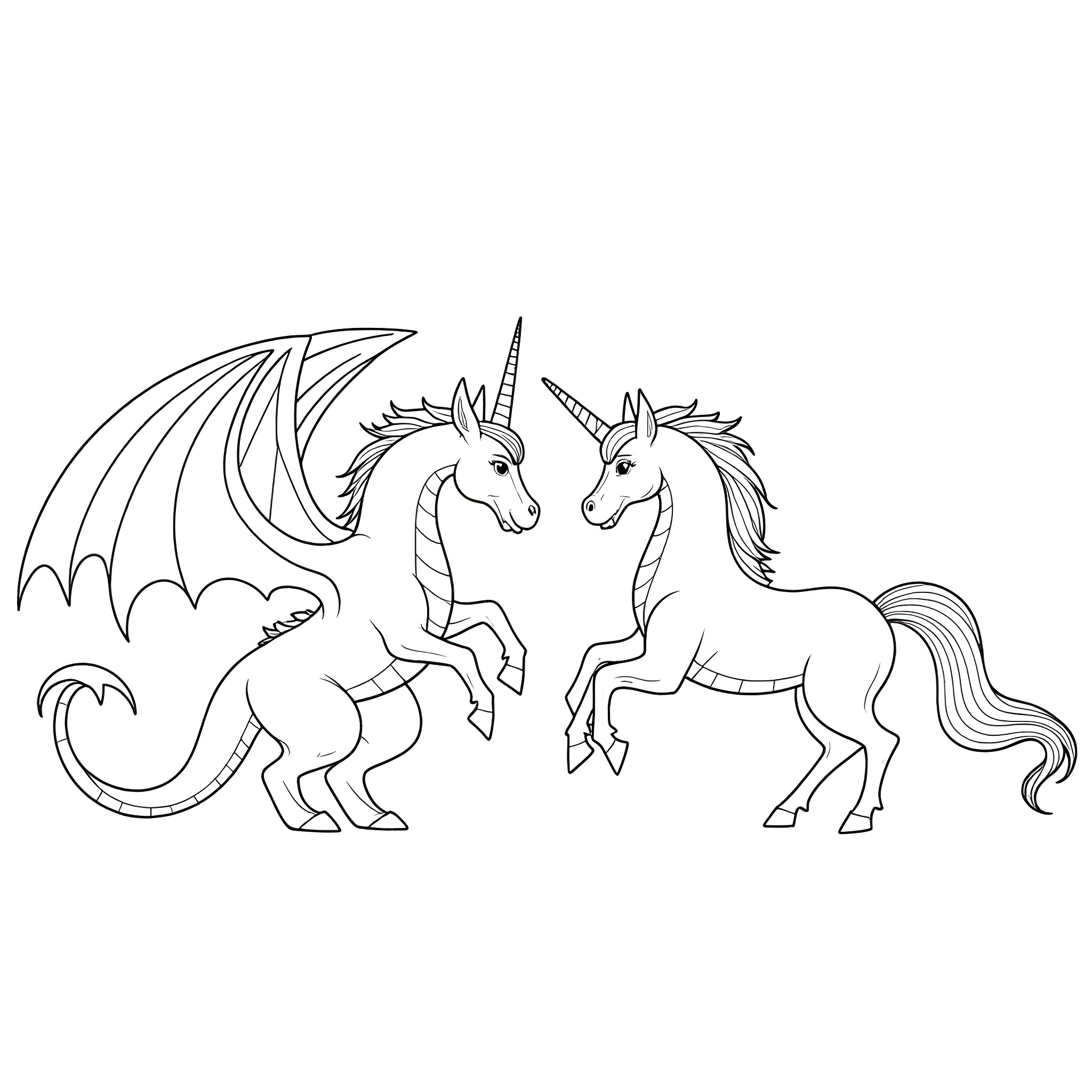 Dragon and Unicorn Magical Encounter Coloring Page (free black-and-white line drawing printable PDF for all, from beginners to advanced learners, including children, teens, adults, and seniors)