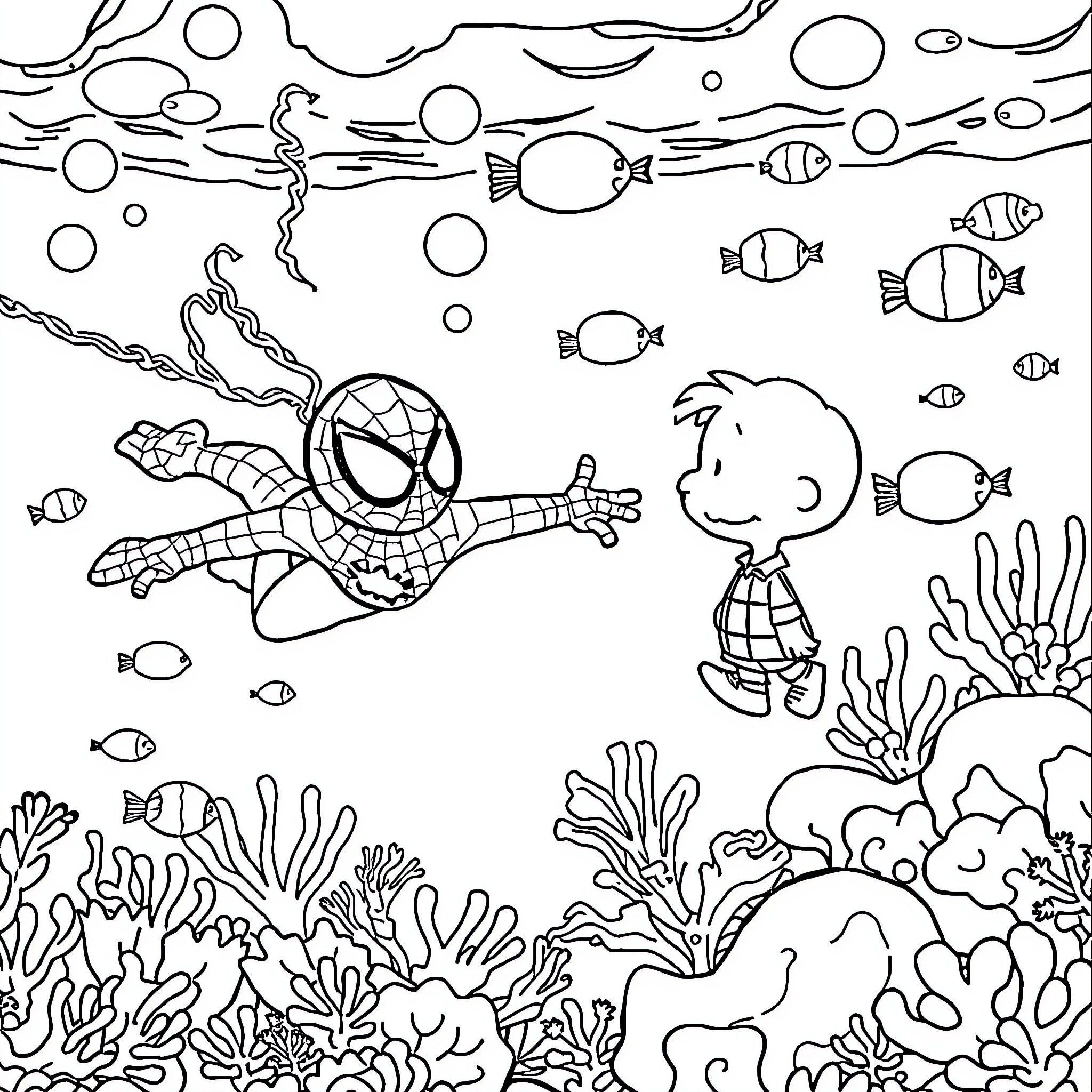Spiderman exploring the underwater world with a friend Coloring Page (free black-and-white line drawing printable PDF for all, from beginners to advanced learners, including children, teens, adults, and seniors)