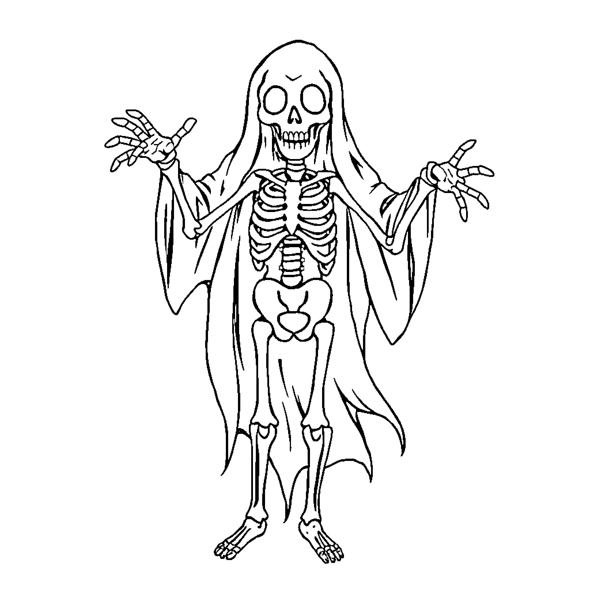 Ghost skeleton creature with skeletal hands Coloring Page (free black-and-white line drawing printable PDF for all, from beginners to advanced learners, including children, teens, adults, and seniors)