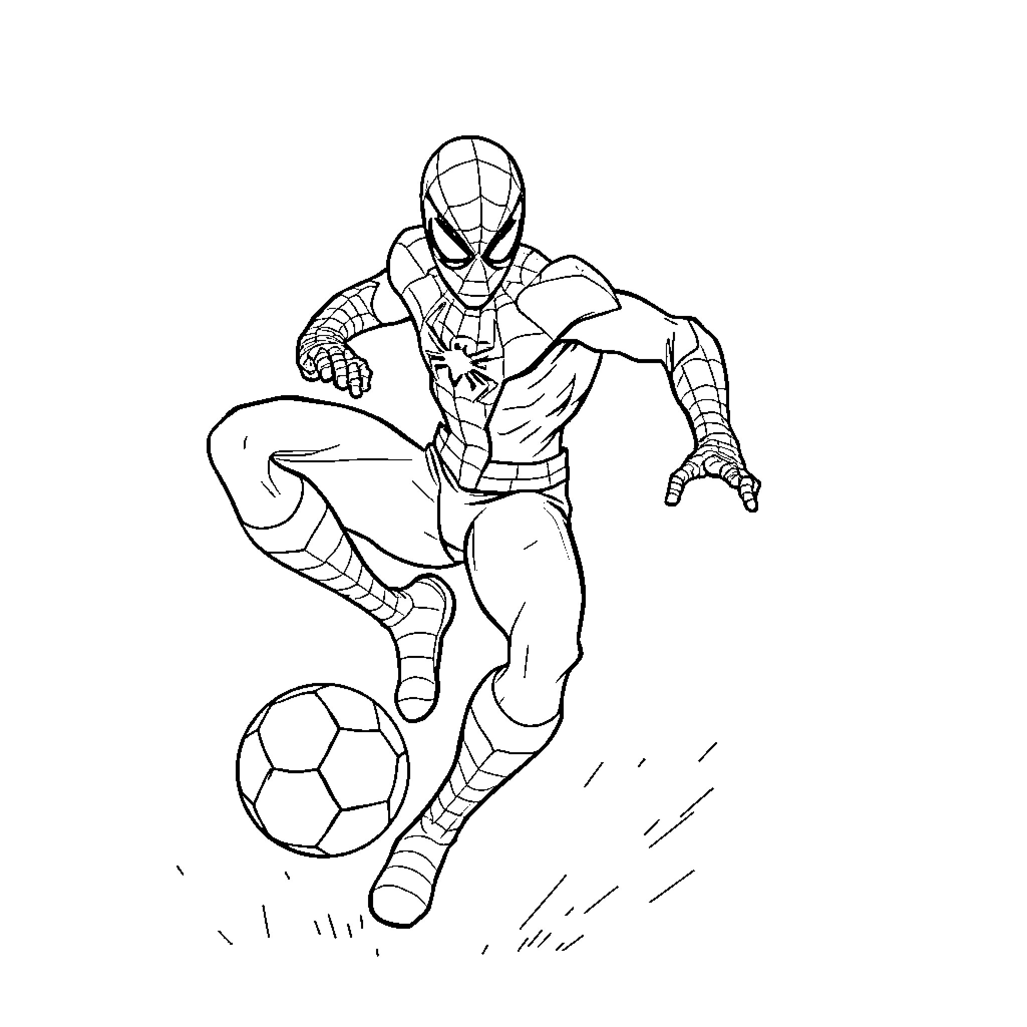 Spider-Man Dribbling a Soccer Ball Coloring Page (free black-and-white line drawing printable PDF for all, from beginners to advanced learners, including children, teens, adults, and seniors)