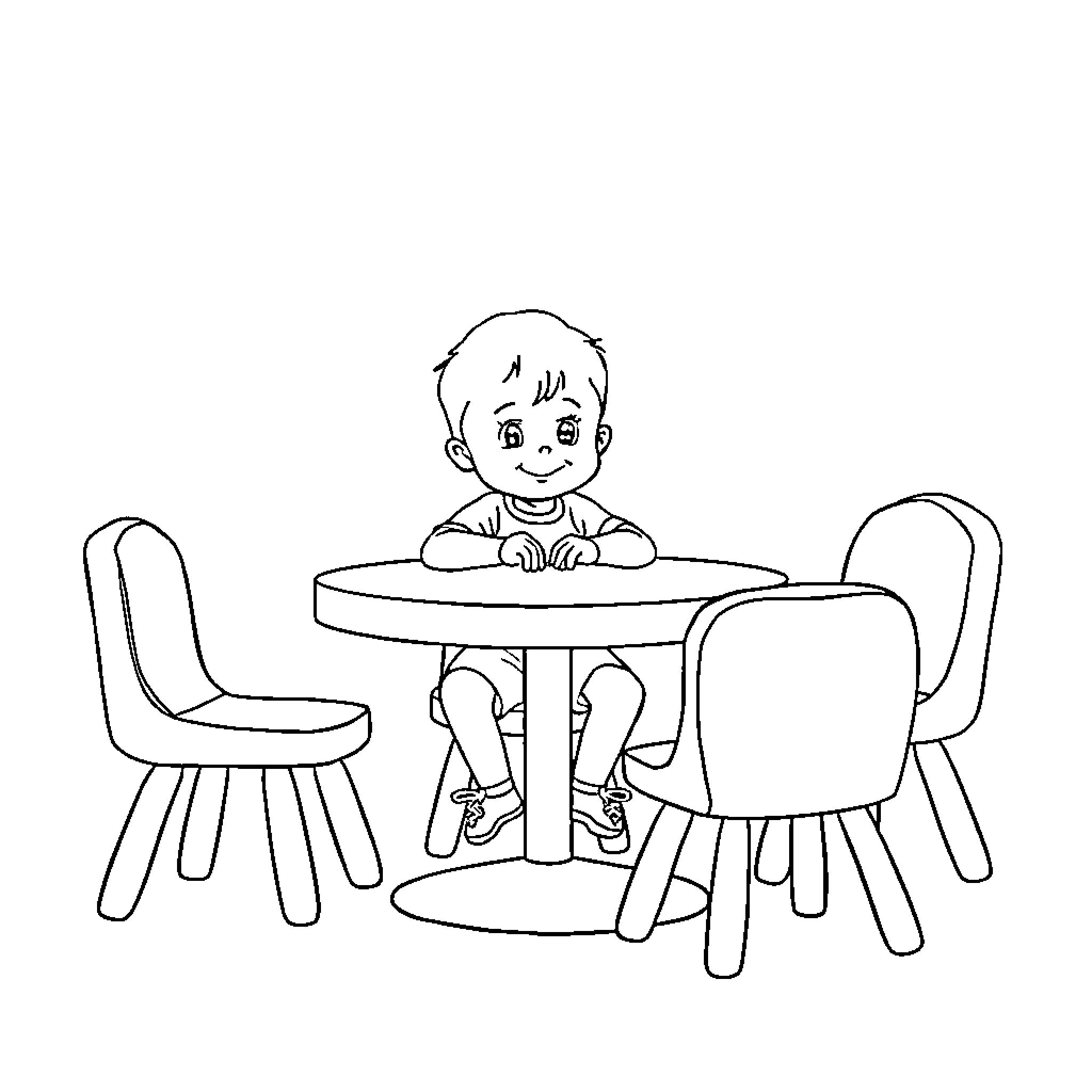 Kid sitting at a table with chairs Coloring Page (free black-and-white line drawing printable PDF for all, from beginners to advanced learners, including children, teens, adults, and seniors)