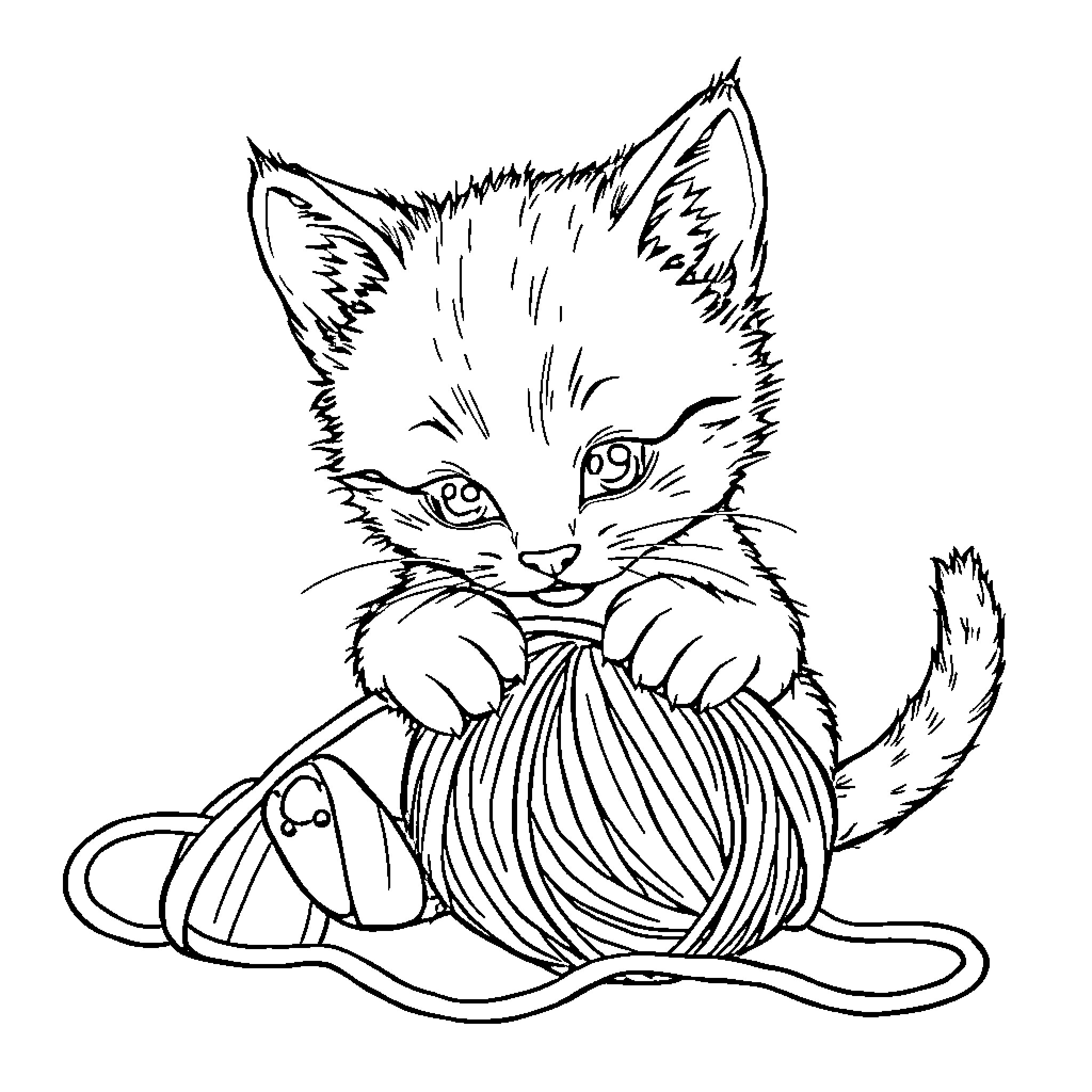 Kitty playing with yarn in black and white Coloring Page (free black-and-white line drawing printable PDF for all, from beginners to advanced learners, including children, teens, adults, and seniors)
