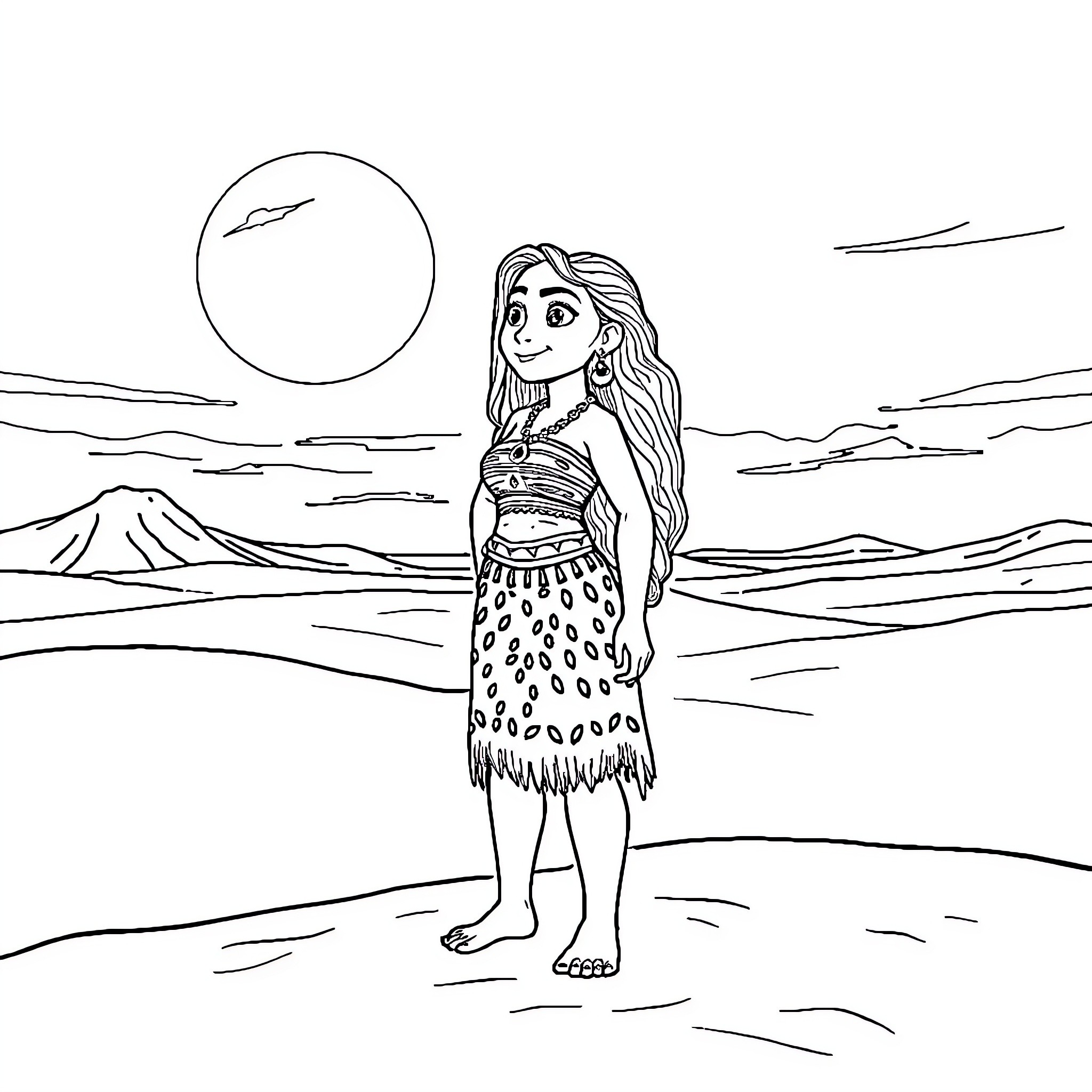 Moana exploring the scenic island landscape Coloring Page (free black-and-white line drawing printable PDF for all, from beginners to advanced learners, including children, teens, adults, and seniors)