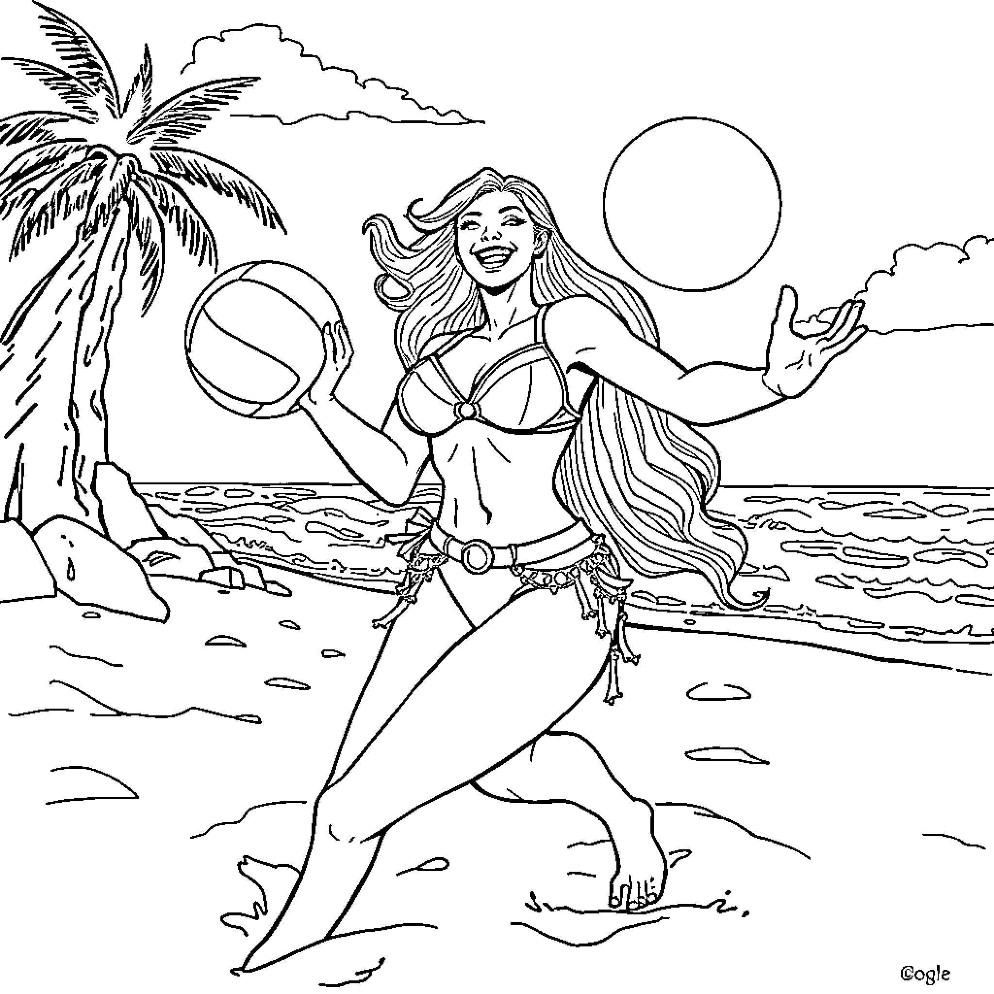 Thanos playing beach volleyball in the tropics Coloring Page (free black-and-white line drawing printable PDF for all, from beginners to advanced learners, including children, teens, adults, and seniors)
