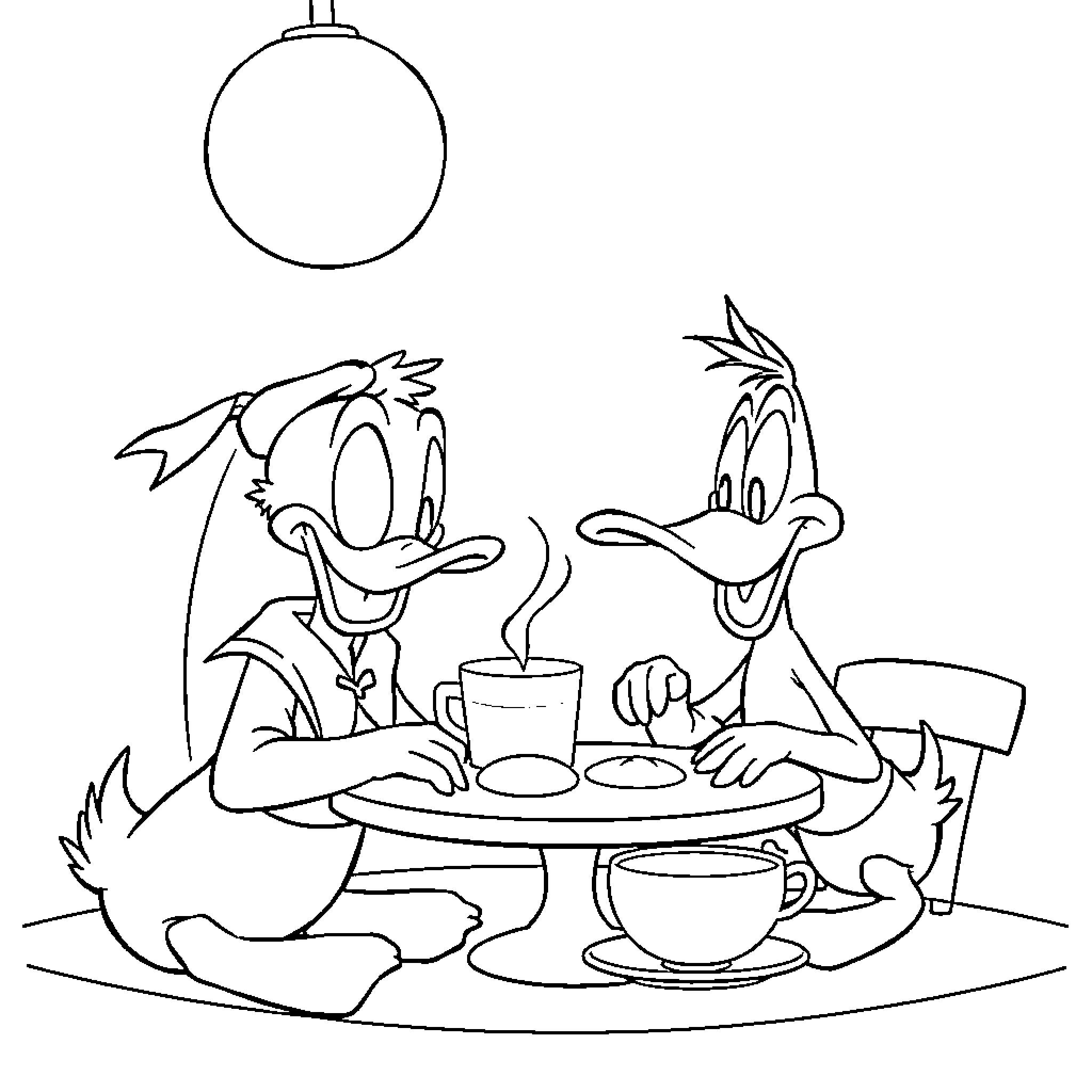Donald Duck and Daffy Duck Enjoying a Meal Together Coloring Page (free black-and-white line drawing printable PDF for all, from beginners to advanced learners, including children, teens, adults, and seniors)