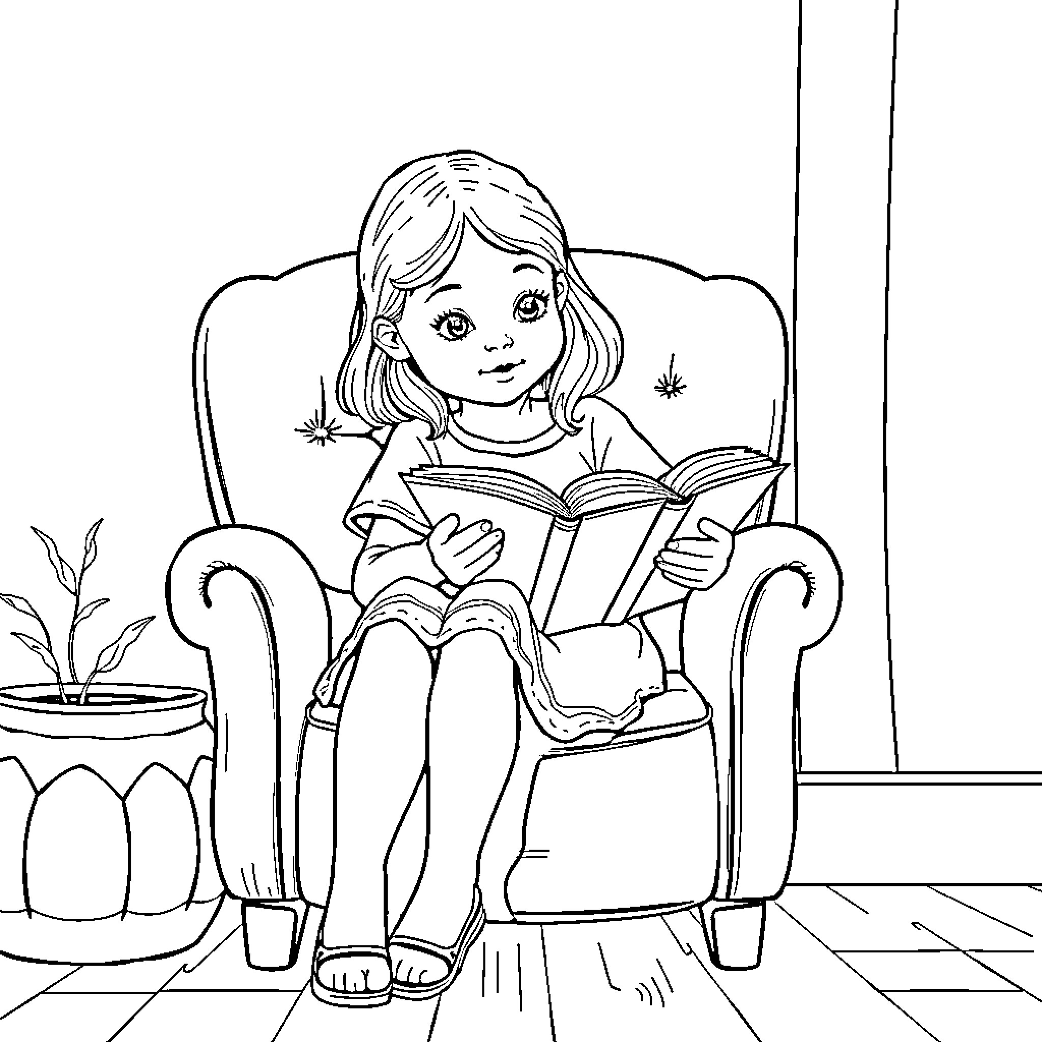 Girl reading a book in a comfortable chair Coloring Page (free black-and-white line drawing printable PDF for all, from beginners to advanced learners, including children, teens, adults, and seniors)