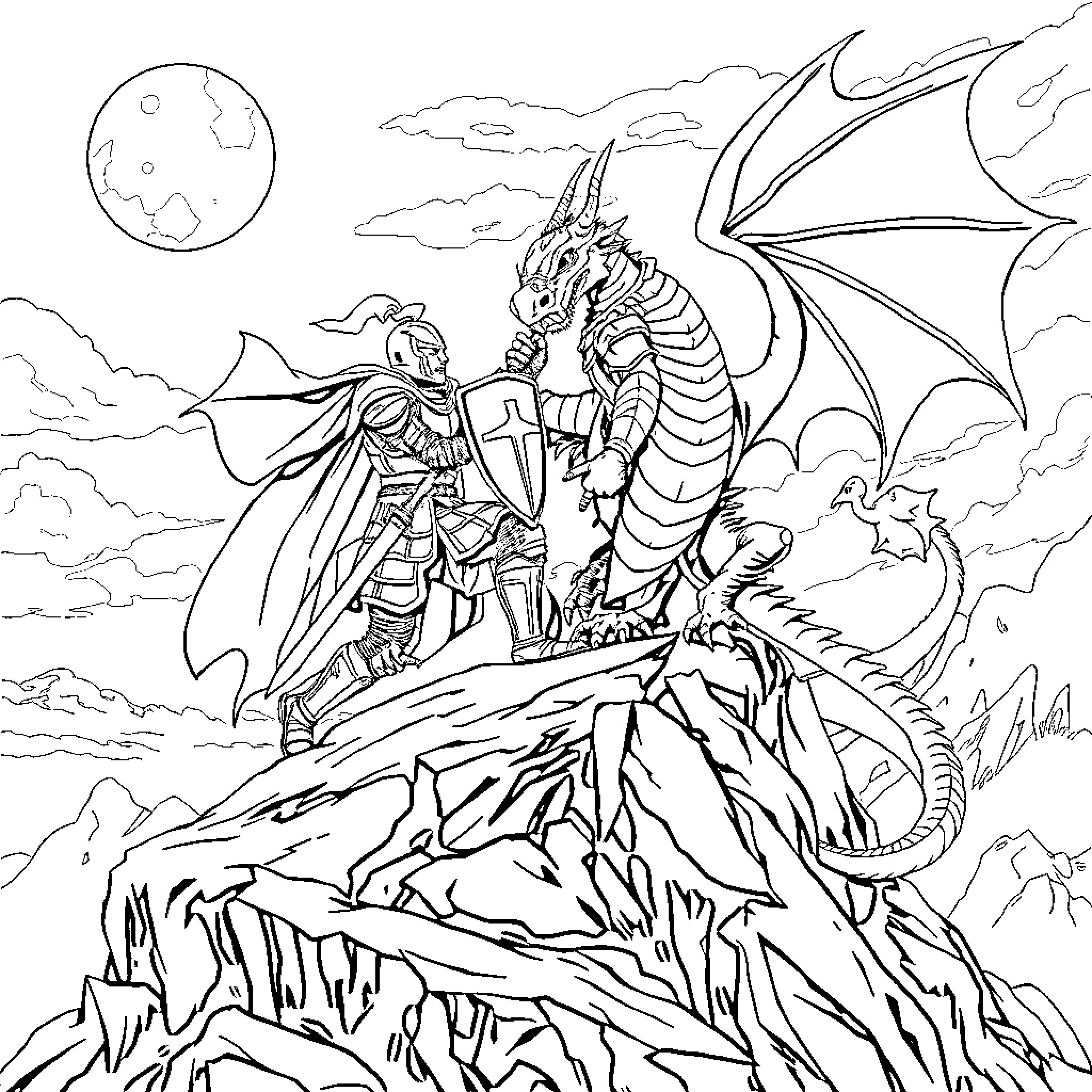 Knight confronting a majestic dragon on a rocky mountain Coloring Page (free black-and-white line drawing printable PDF for all, from beginners to advanced learners, including children, teens, adults, and seniors)