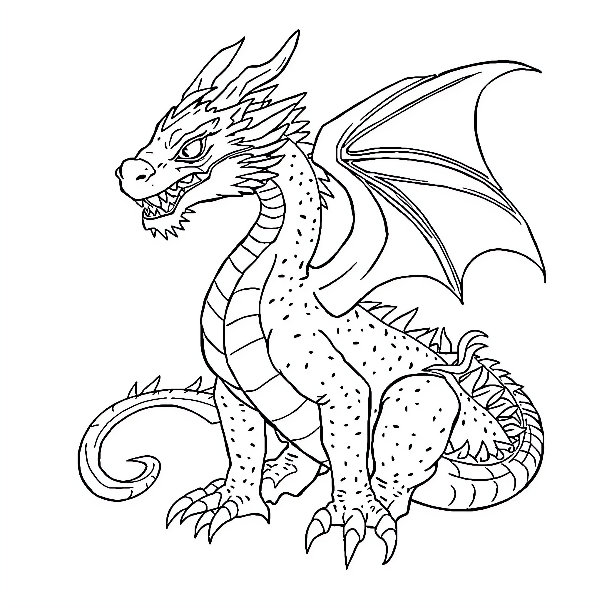 Dragon fiercely spreading its wings Coloring Page (free black-and-white line drawing printable PDF for all, from beginners to advanced learners, including children, teens, adults, and seniors)