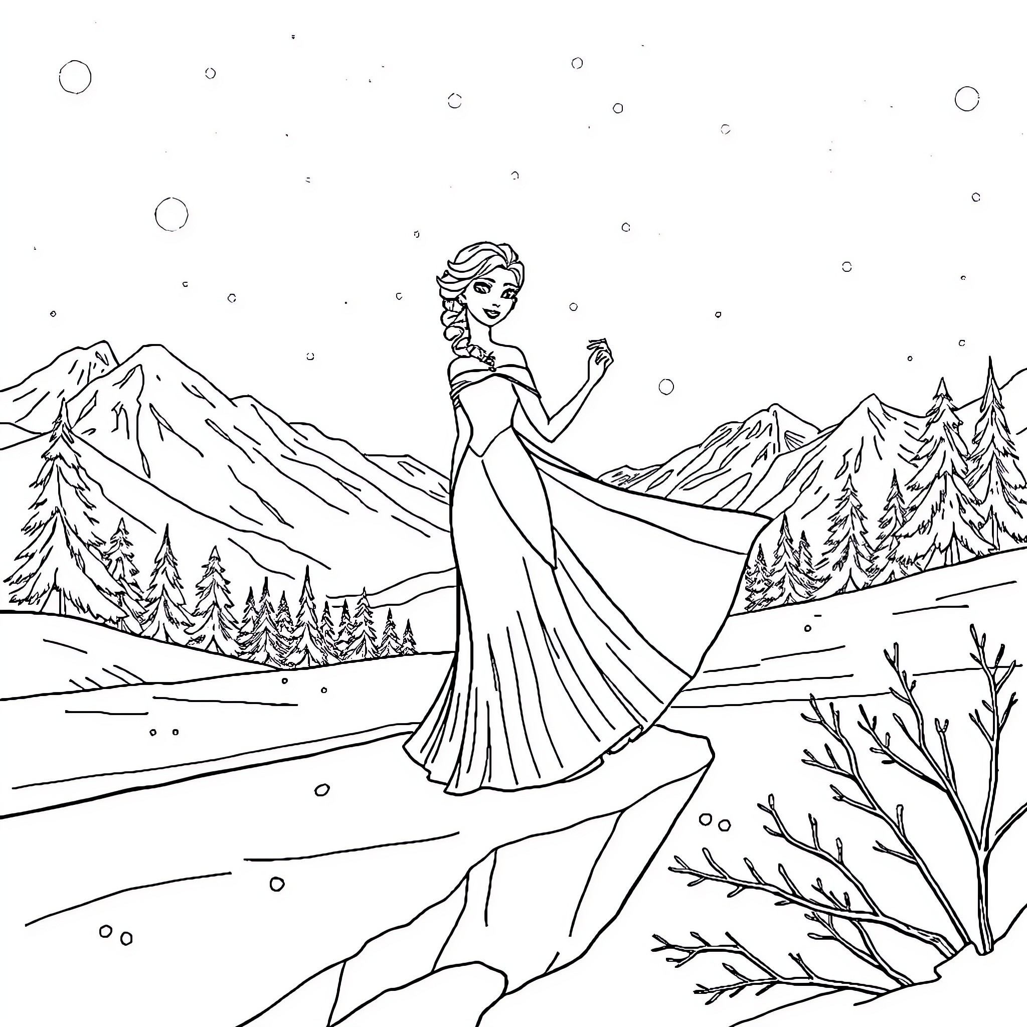 Princess Elsa walking gracefully in a winter wonderland Coloring Page (free black-and-white line drawing printable PDF for all, from beginners to advanced learners, including children, teens, adults, and seniors)