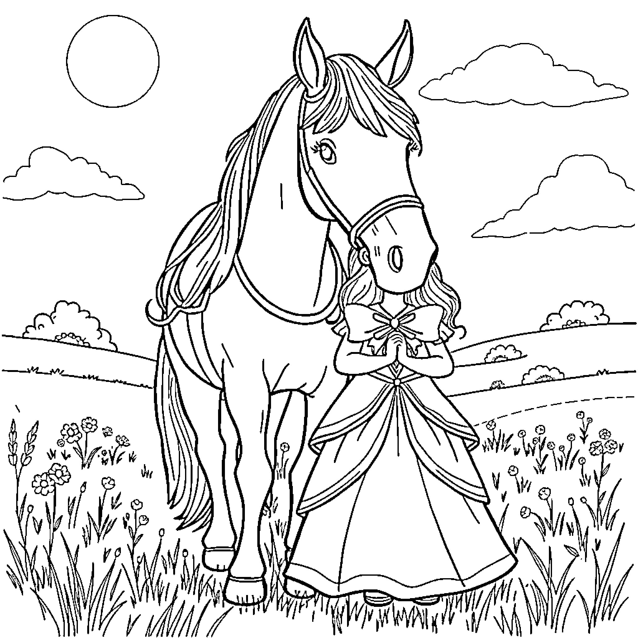 Princess and her Beloved Horse in a Flowery Field Coloring Page (free black-and-white line drawing printable PDF for all, from beginners to advanced learners, including children, teens, adults, and seniors)