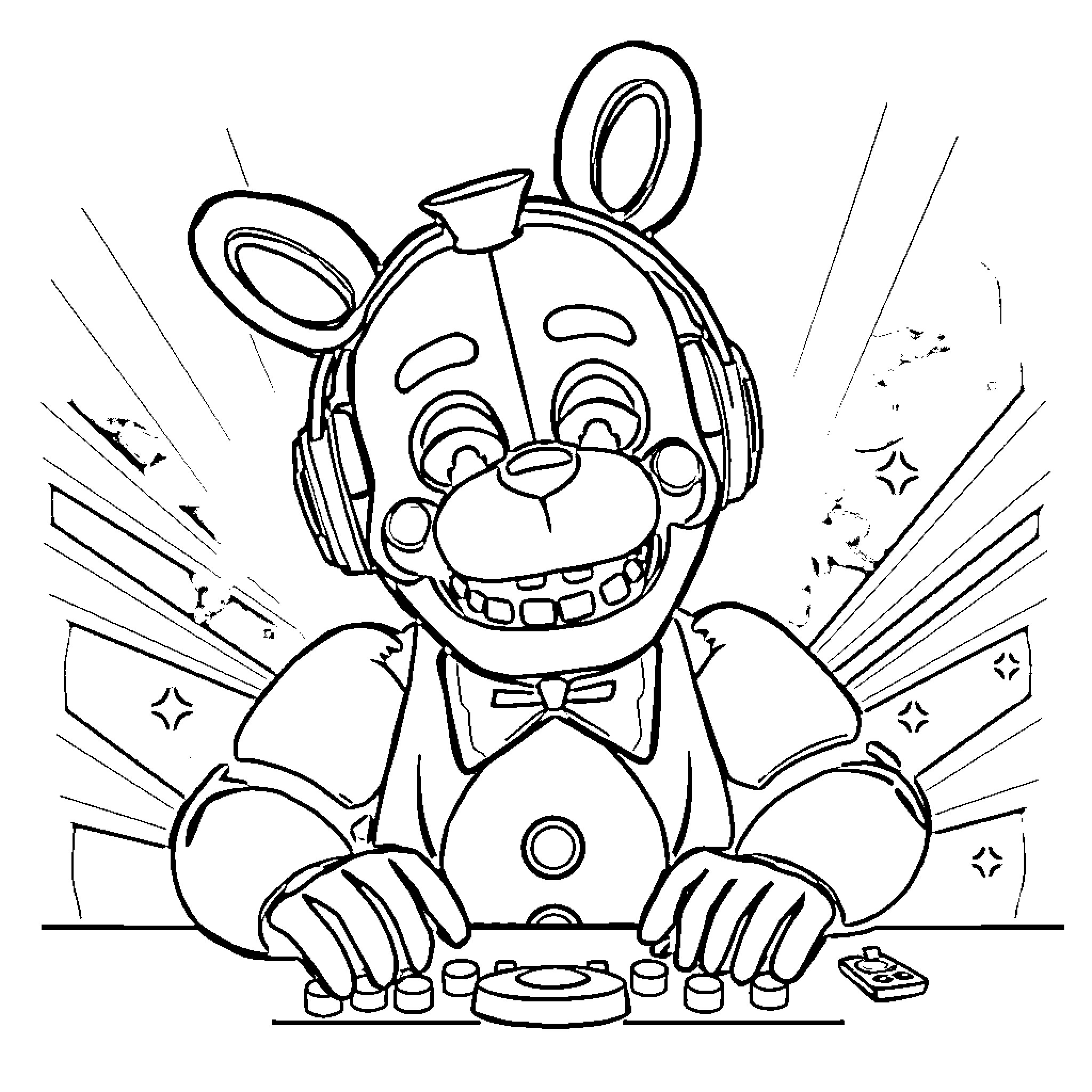 DJ Music Man performing on stage with headphones and equipment Coloring Page (free black-and-white line drawing printable PDF for all, from beginners to advanced learners, including children, teens, adults, and seniors)