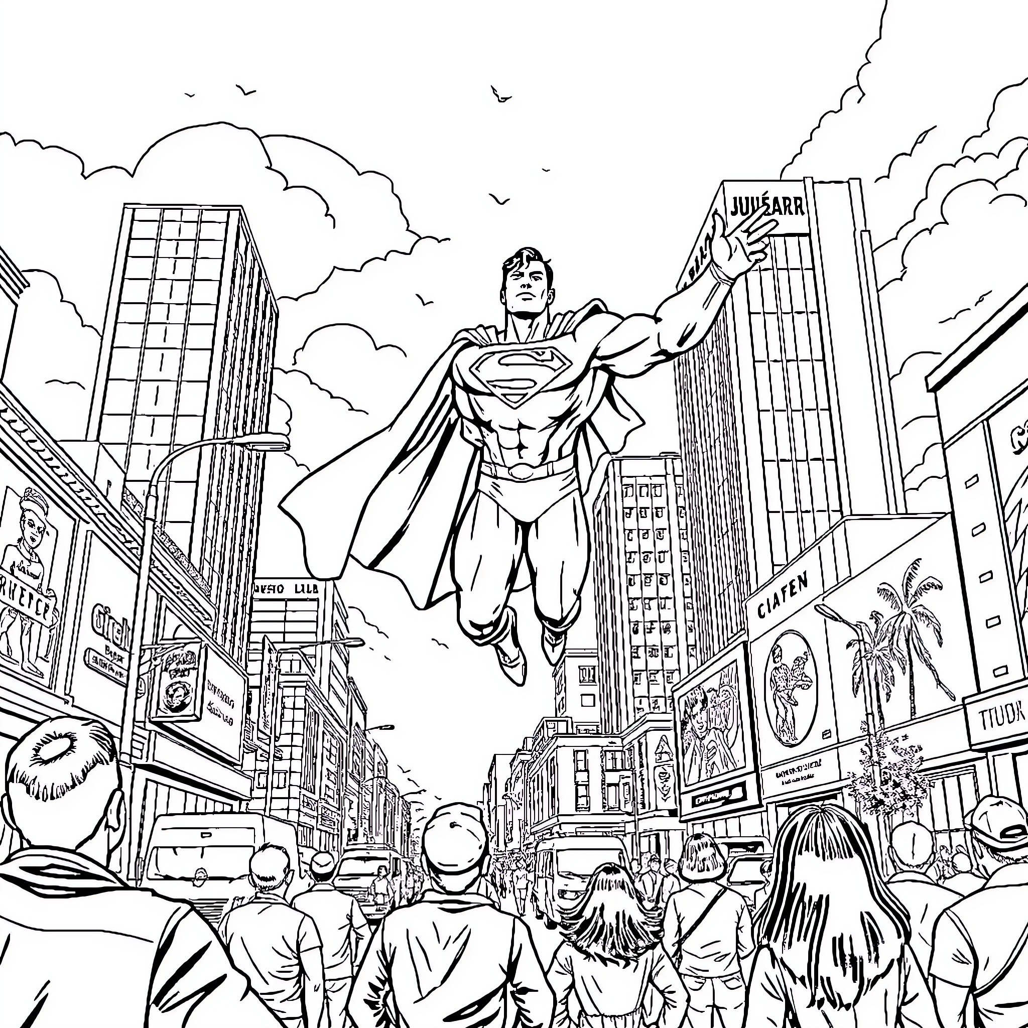 Superman flying heroically above the city Coloring Page (free black-and-white line drawing printable PDF for all, from beginners to advanced learners, including children, teens, adults, and seniors)