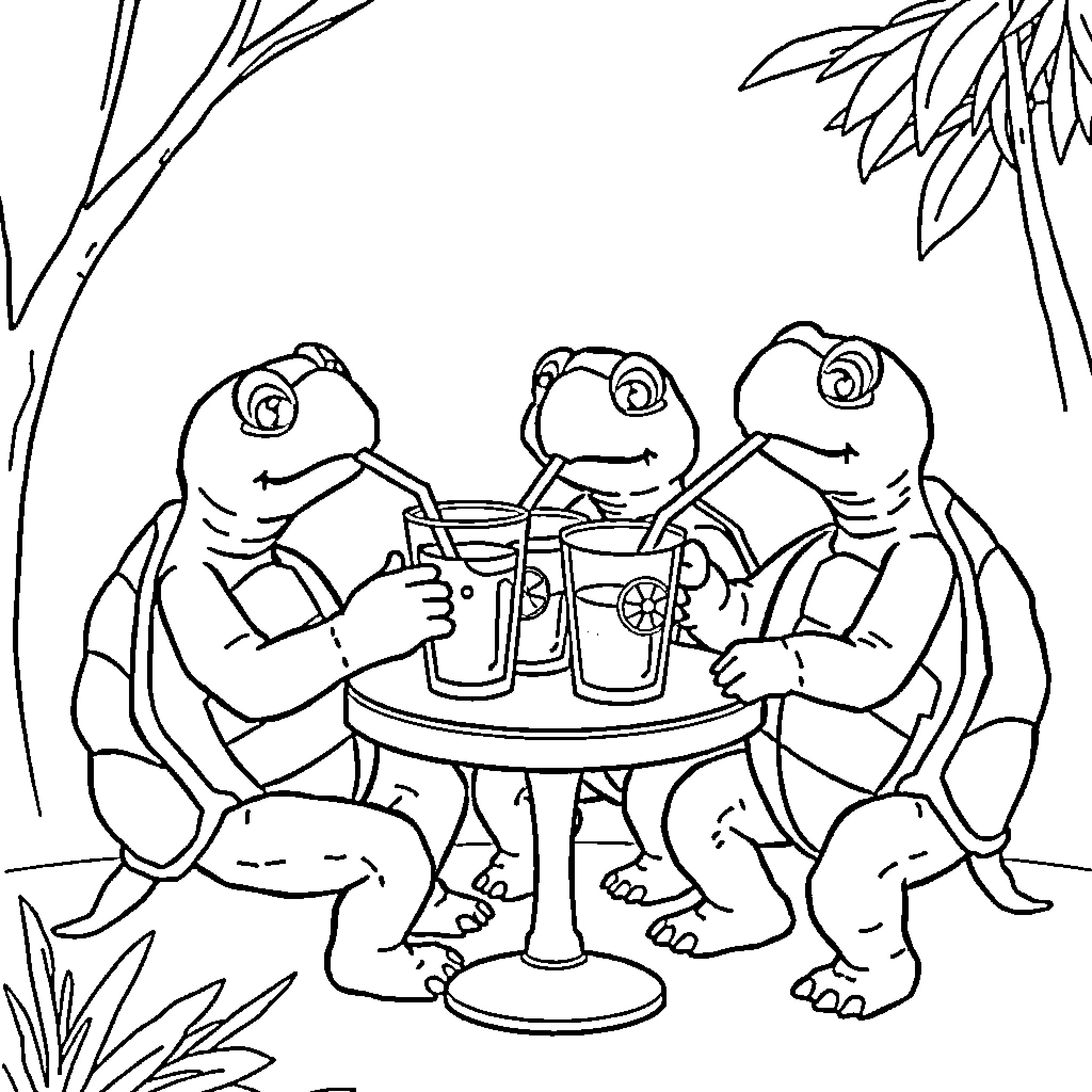Turtles enjoying refreshments in the park Coloring Page (free black-and-white line drawing printable PDF for all, from beginners to advanced learners, including children, teens, adults, and seniors)