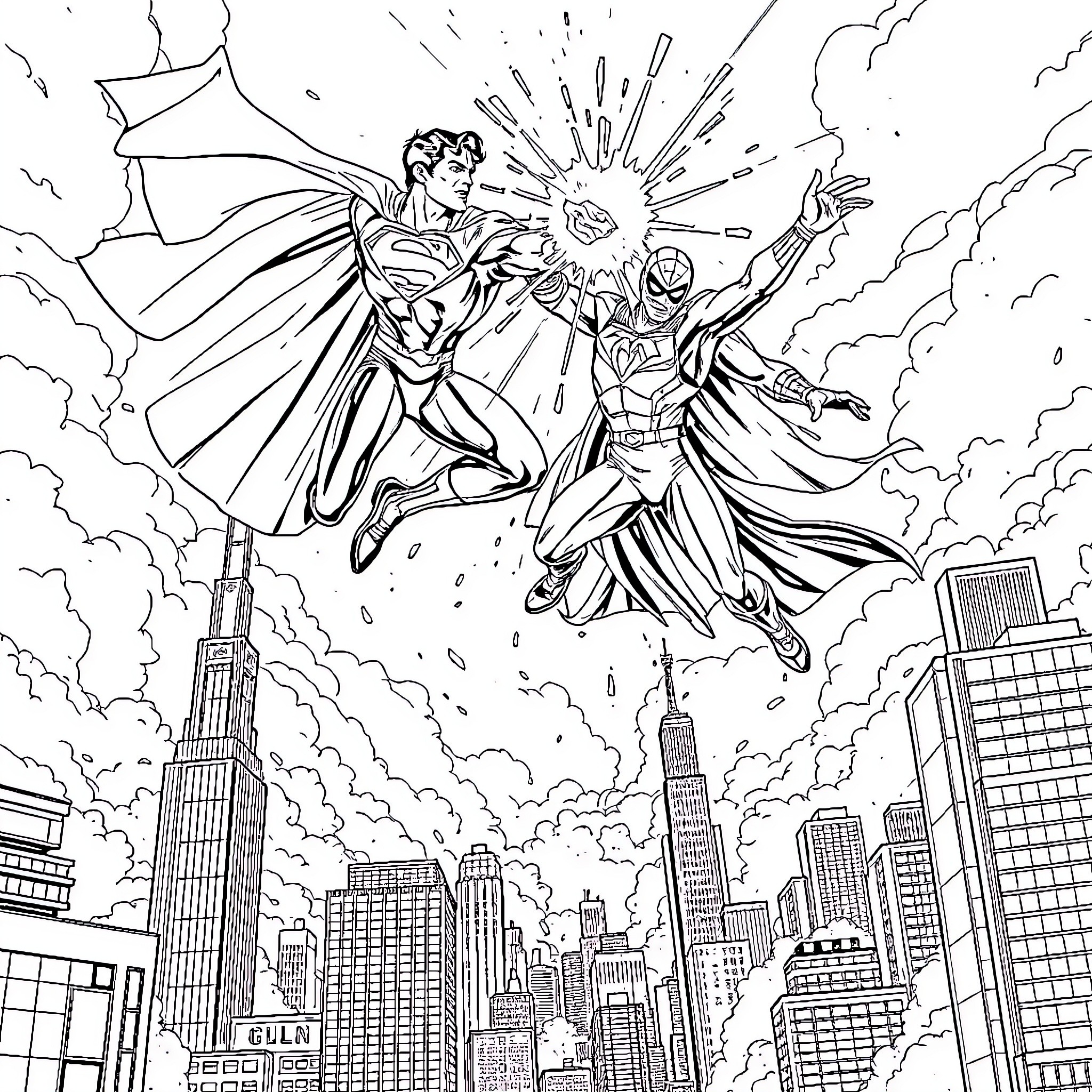 Superman and Spider-Man battle in the city skyline Coloring Page (free black-and-white line drawing printable PDF for all, from beginners to advanced learners, including children, teens, adults, and seniors)