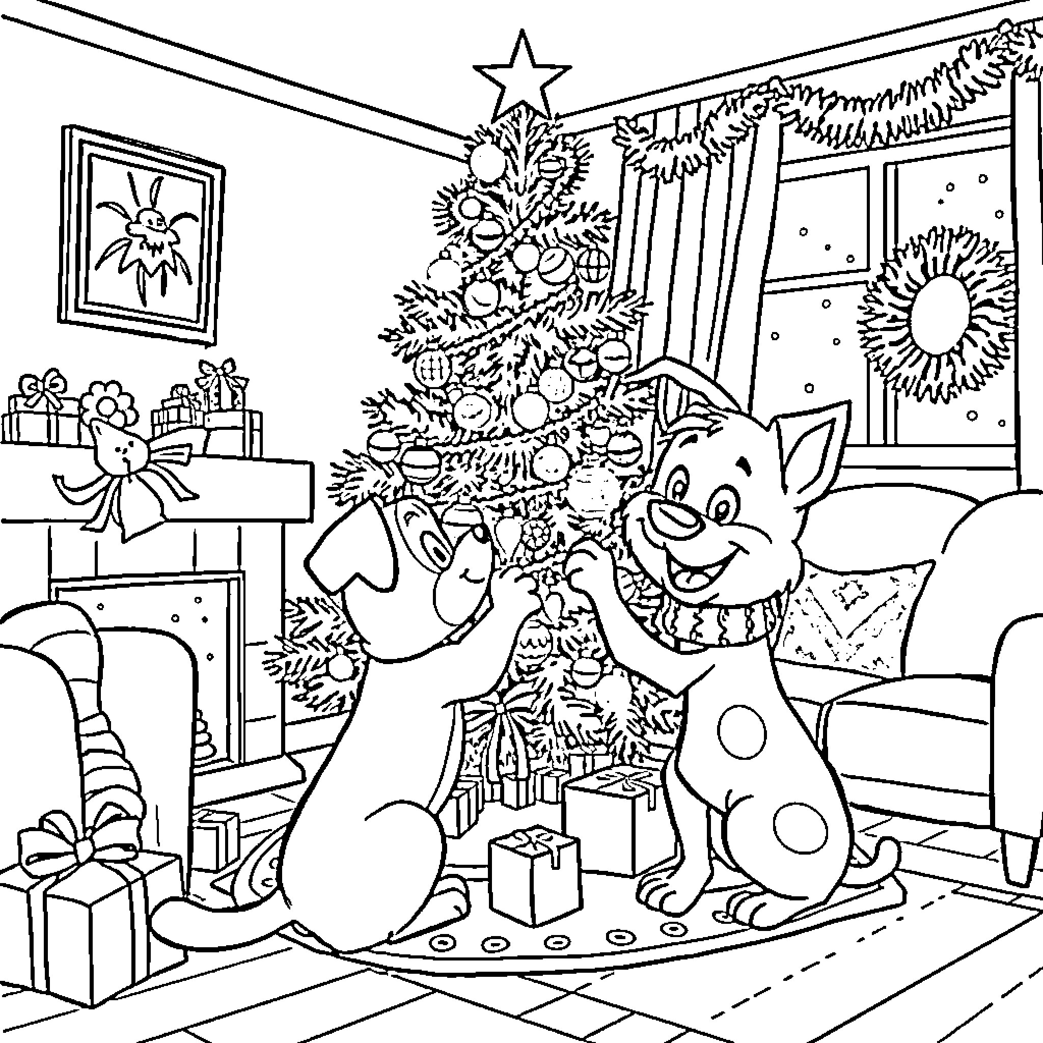 Bluey decorating the Christmas tree with joy Coloring Page (free black-and-white line drawing printable PDF for all, from beginners to advanced learners, including children, teens, adults, and seniors)