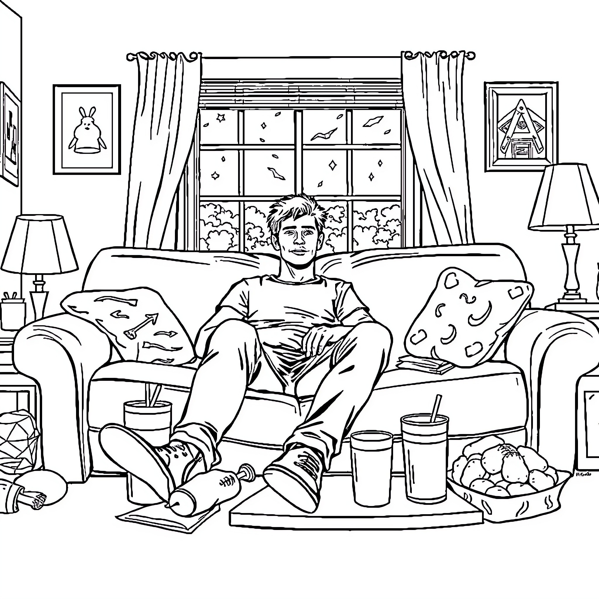 Boyfriend relaxing on the couch with snacks Coloring Page (free black-and-white line drawing printable PDF for all, from beginners to advanced learners, including children, teens, adults, and seniors)