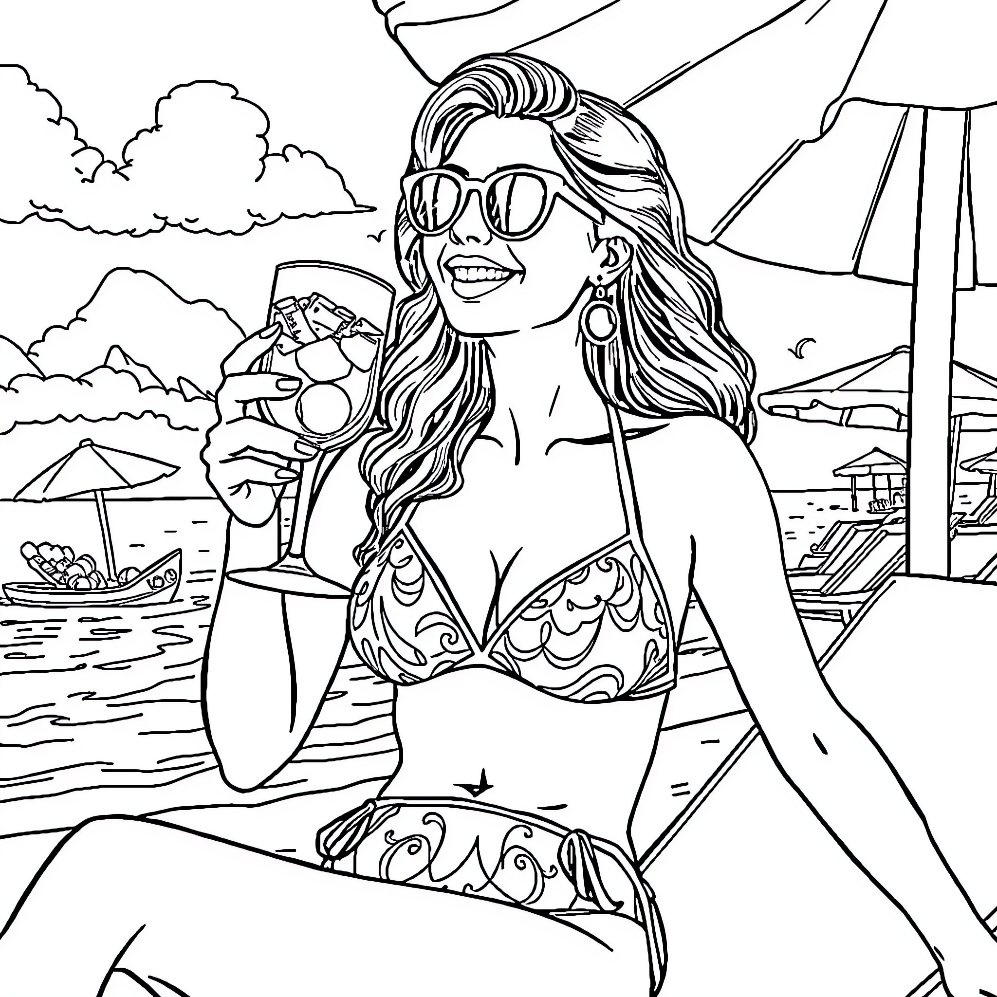 Woman enjoying beach vacation with cocktail Coloring Page (free black-and-white line drawing printable PDF for all, from beginners to advanced learners, including children, teens, adults, and seniors)