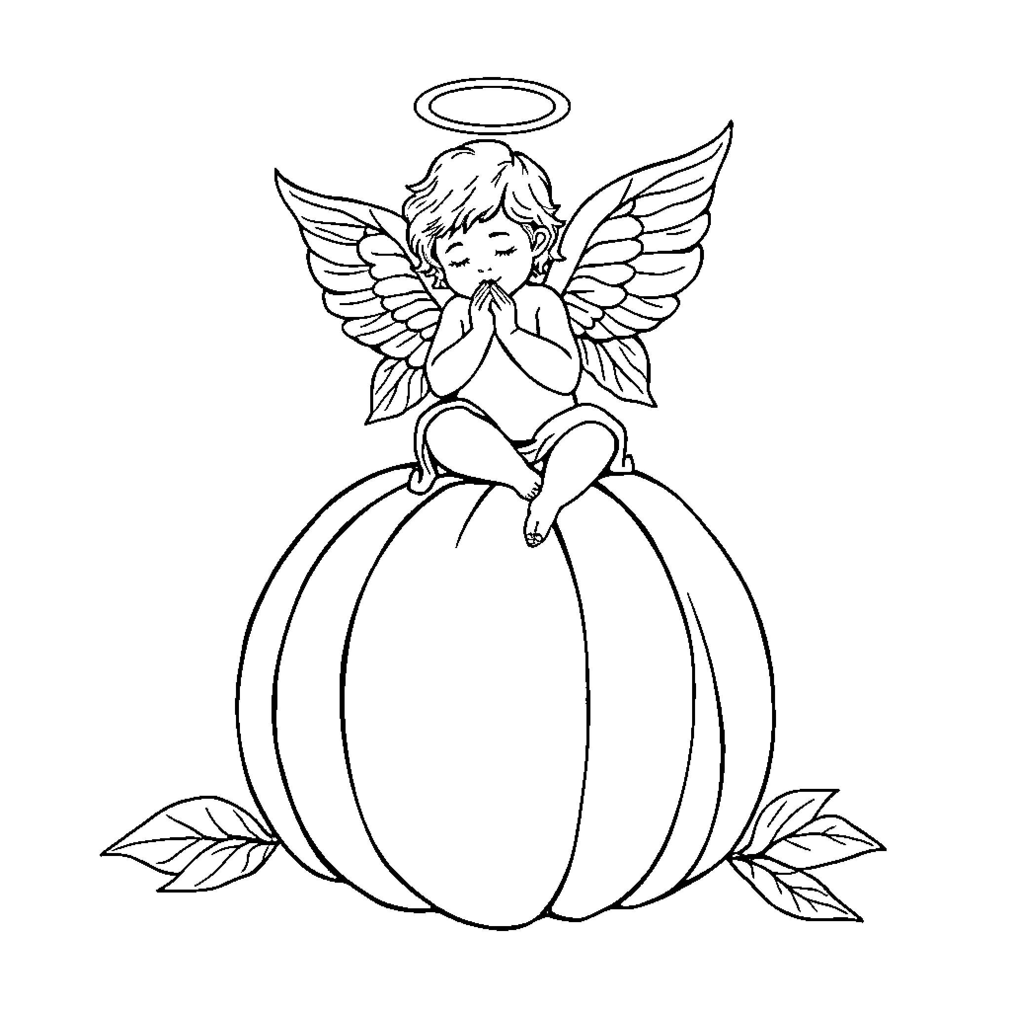 Angel praying on pumpkin with wings Coloring Page (free black-and-white line drawing printable PDF for all, from beginners to advanced learners, including children, teens, adults, and seniors)