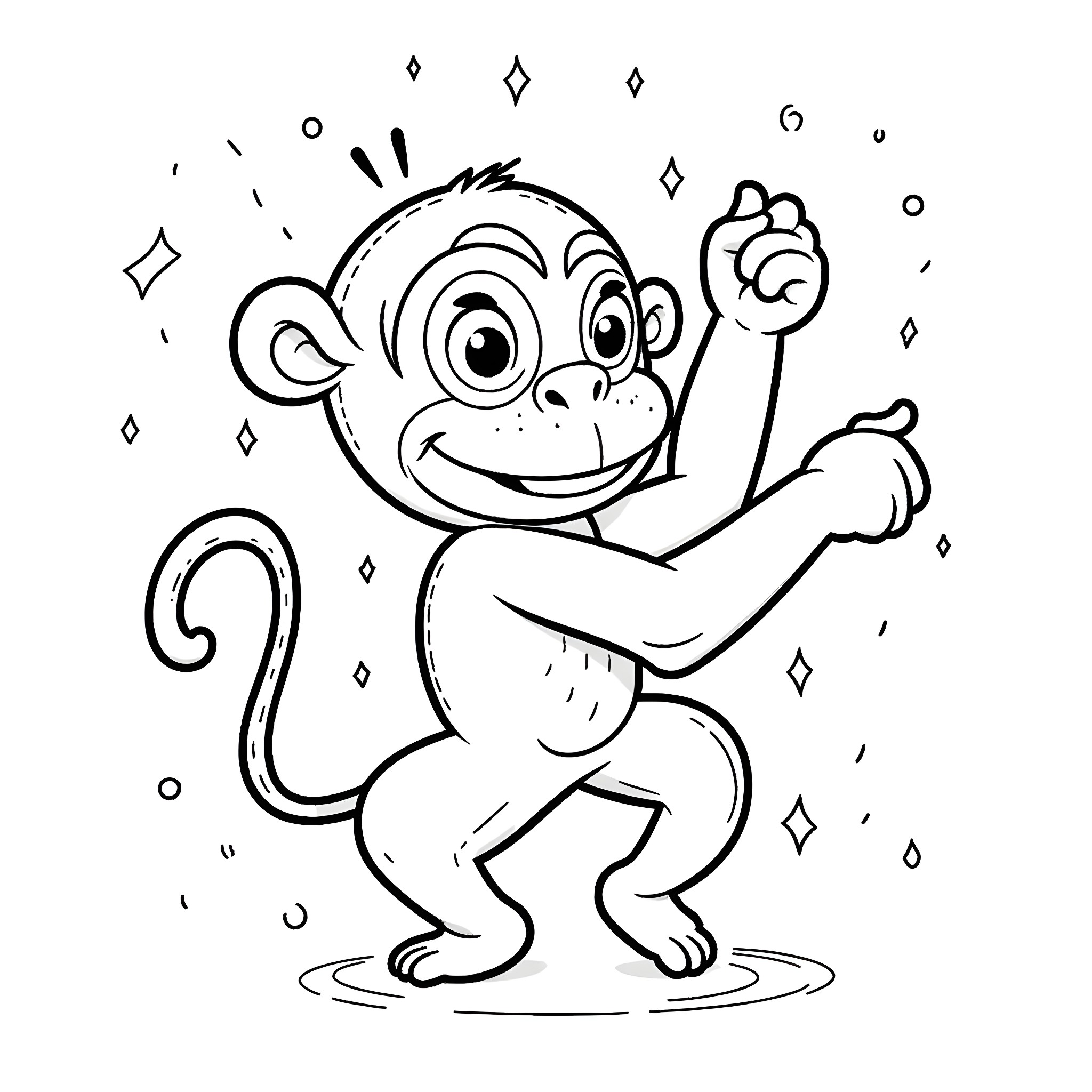 Monkey dancing happily with stars Coloring Page (free black-and-white line drawing printable PDF for all, from beginners to advanced learners, including children, teens, adults, and seniors)