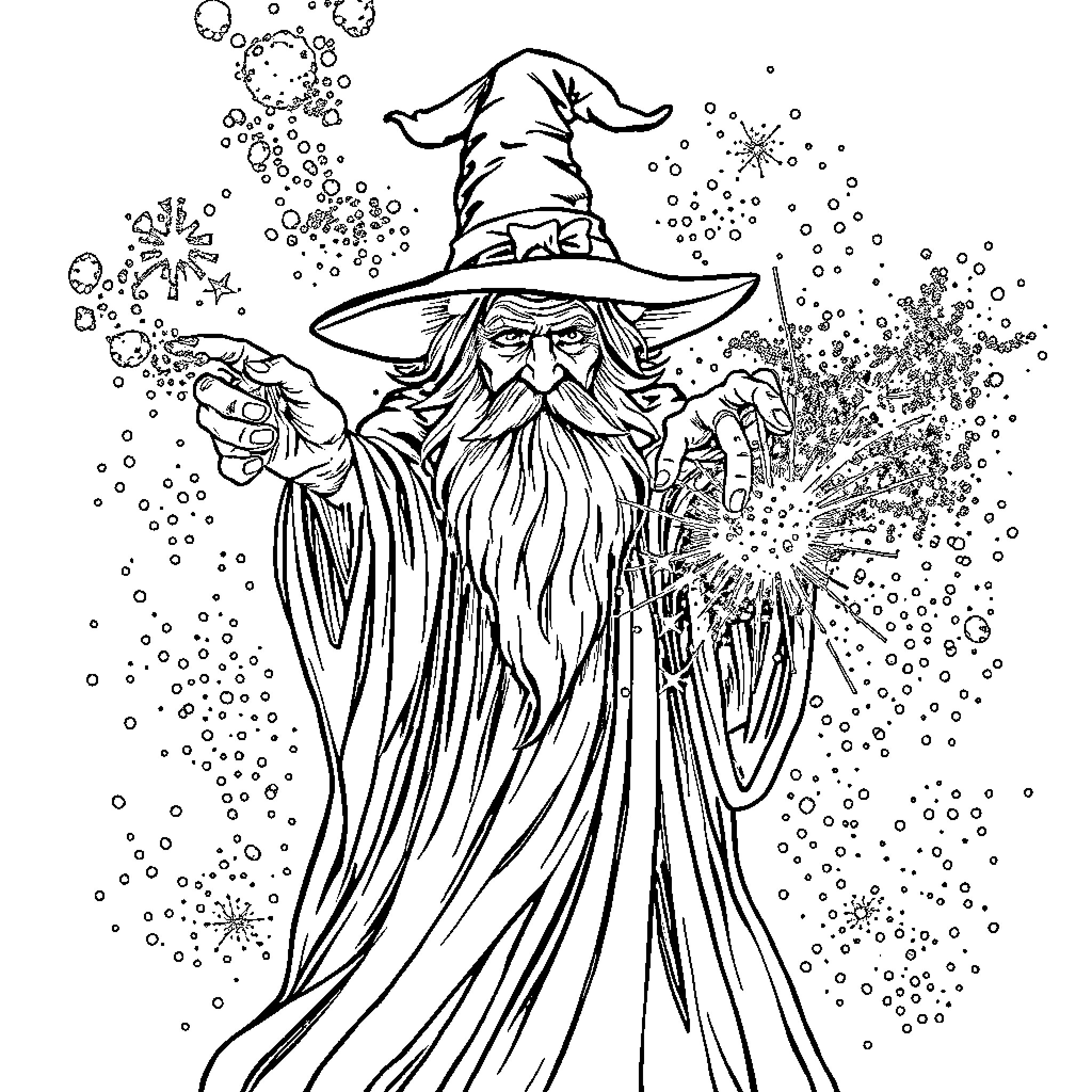 Wizard casting a magical spell in the snowy night Coloring Page (free black-and-white line drawing printable PDF for all, from beginners to advanced learners, including children, teens, adults, and seniors)