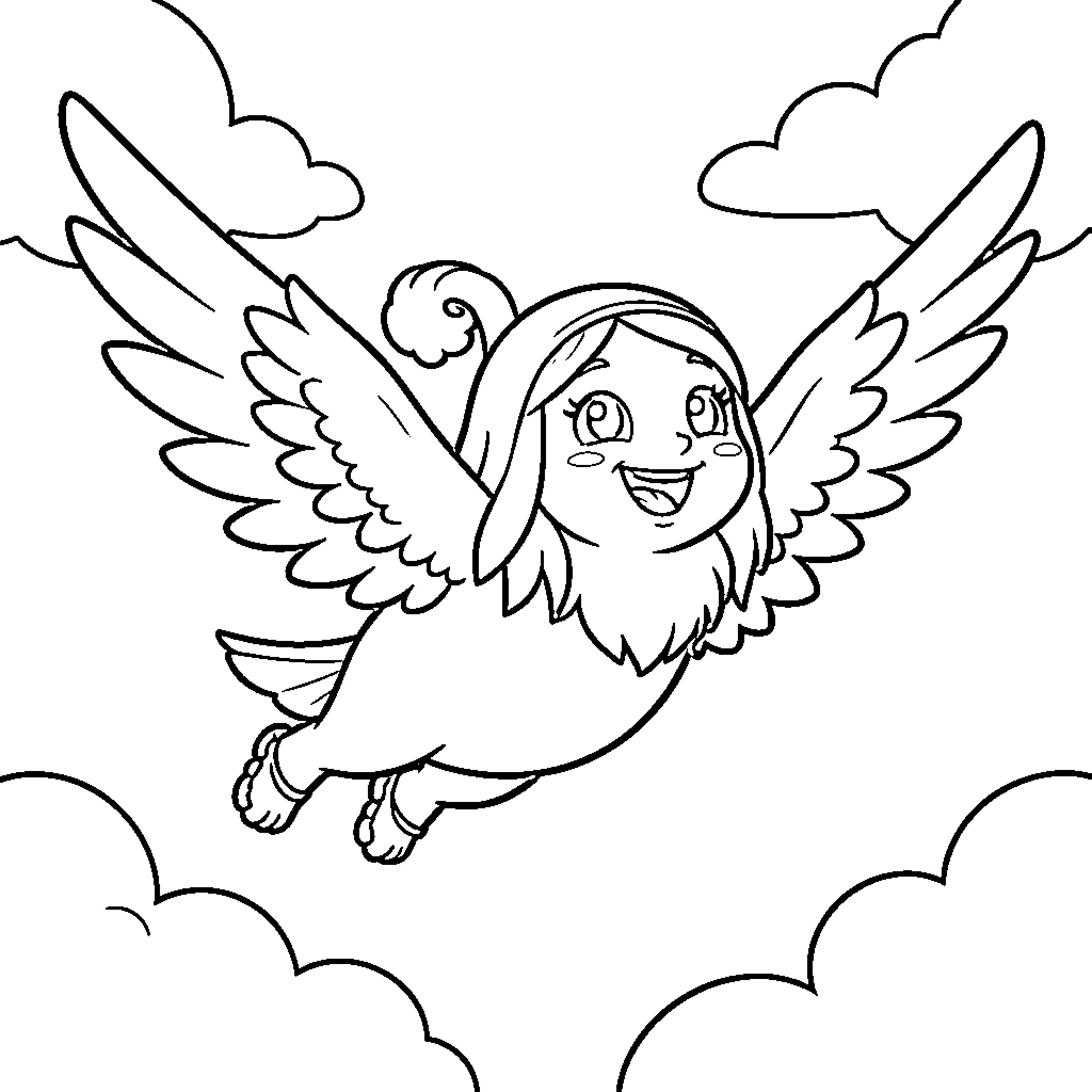 Flapacha winged character flying joyfully through the clouds Coloring Page (free black-and-white line drawing printable PDF for all, from beginners to advanced learners, including children, teens, adults, and seniors)