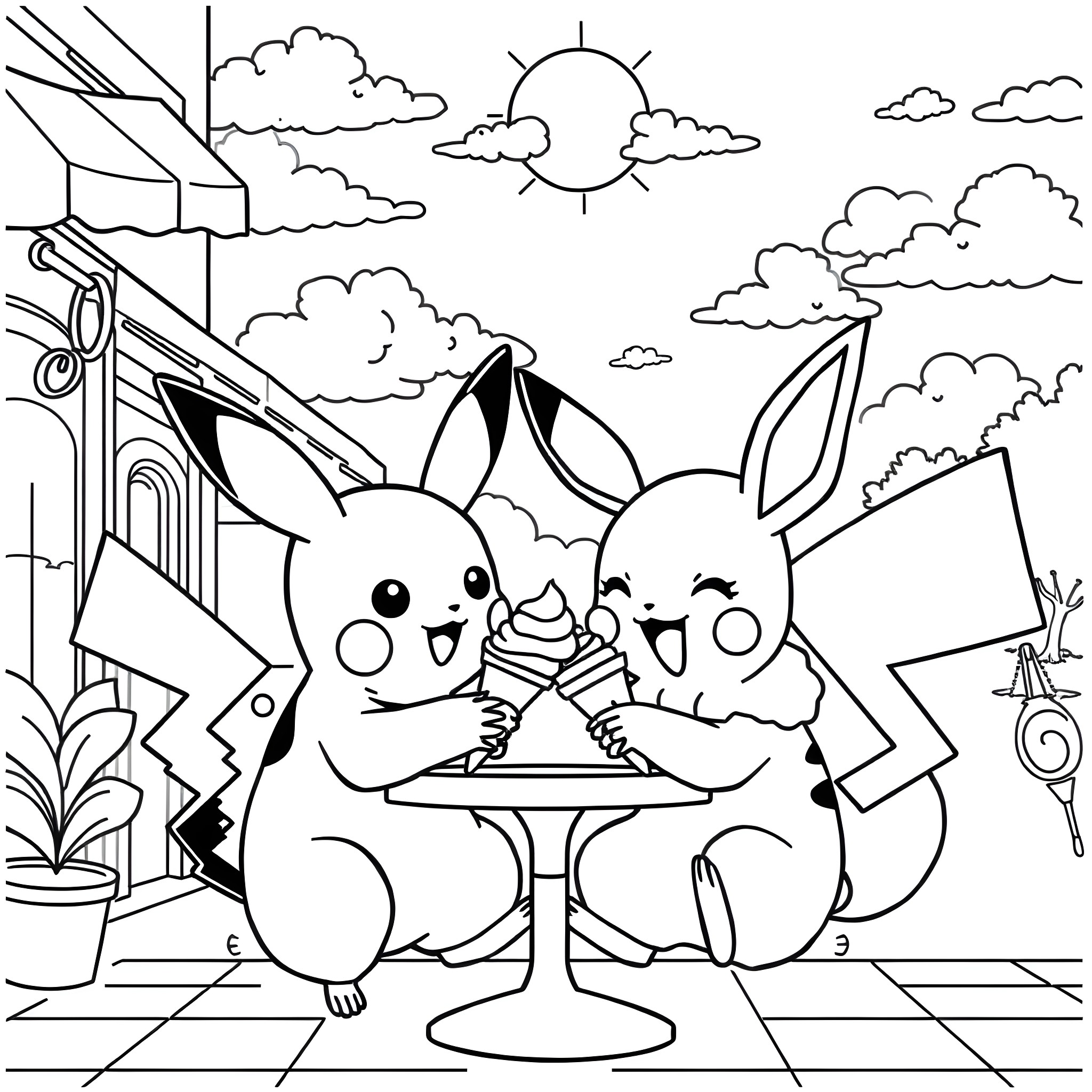 Pikachu and Buneary enjoying an ice cream sundae Coloring Page (free black-and-white line drawing printable PDF for all, from beginners to advanced learners, including children, teens, adults, and seniors)