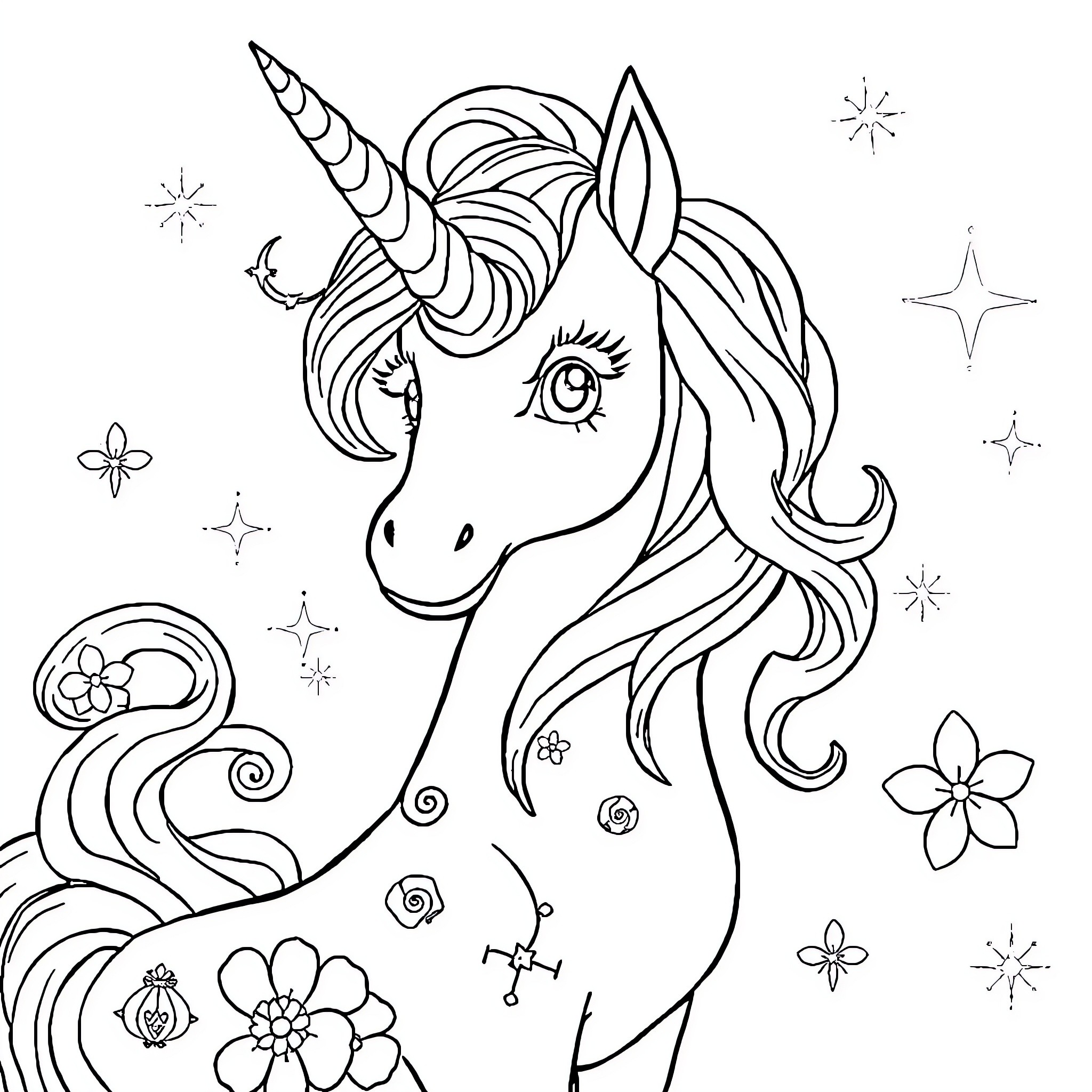 Léna's Whimsical Unicorn Adventure Coloring Page (free black-and-white line drawing printable PDF for all, from beginners to advanced learners, including children, teens, adults, and seniors)