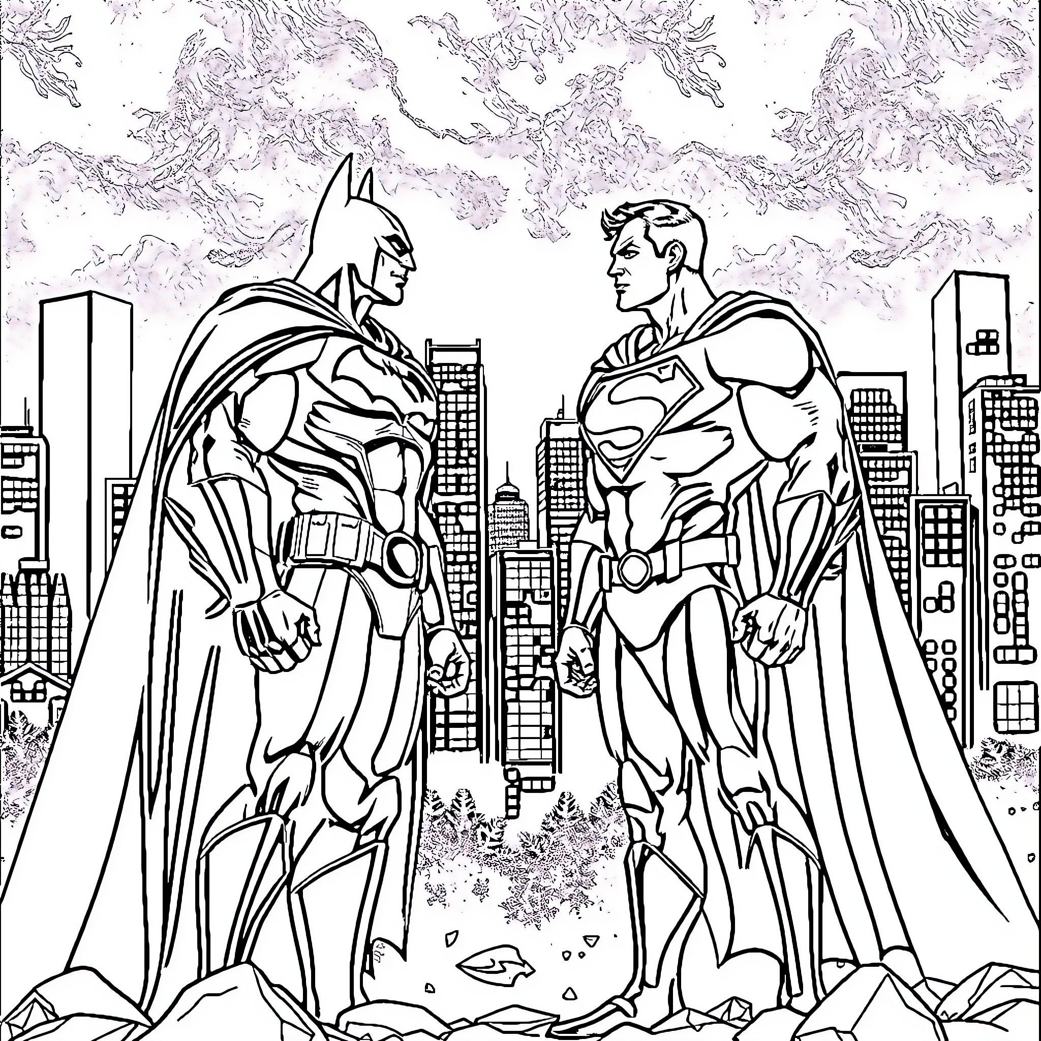 Batman vs Superman: Heroic Clash in the City Coloring Page (free black-and-white line drawing printable PDF for all, from beginners to advanced learners, including children, teens, adults, and seniors)