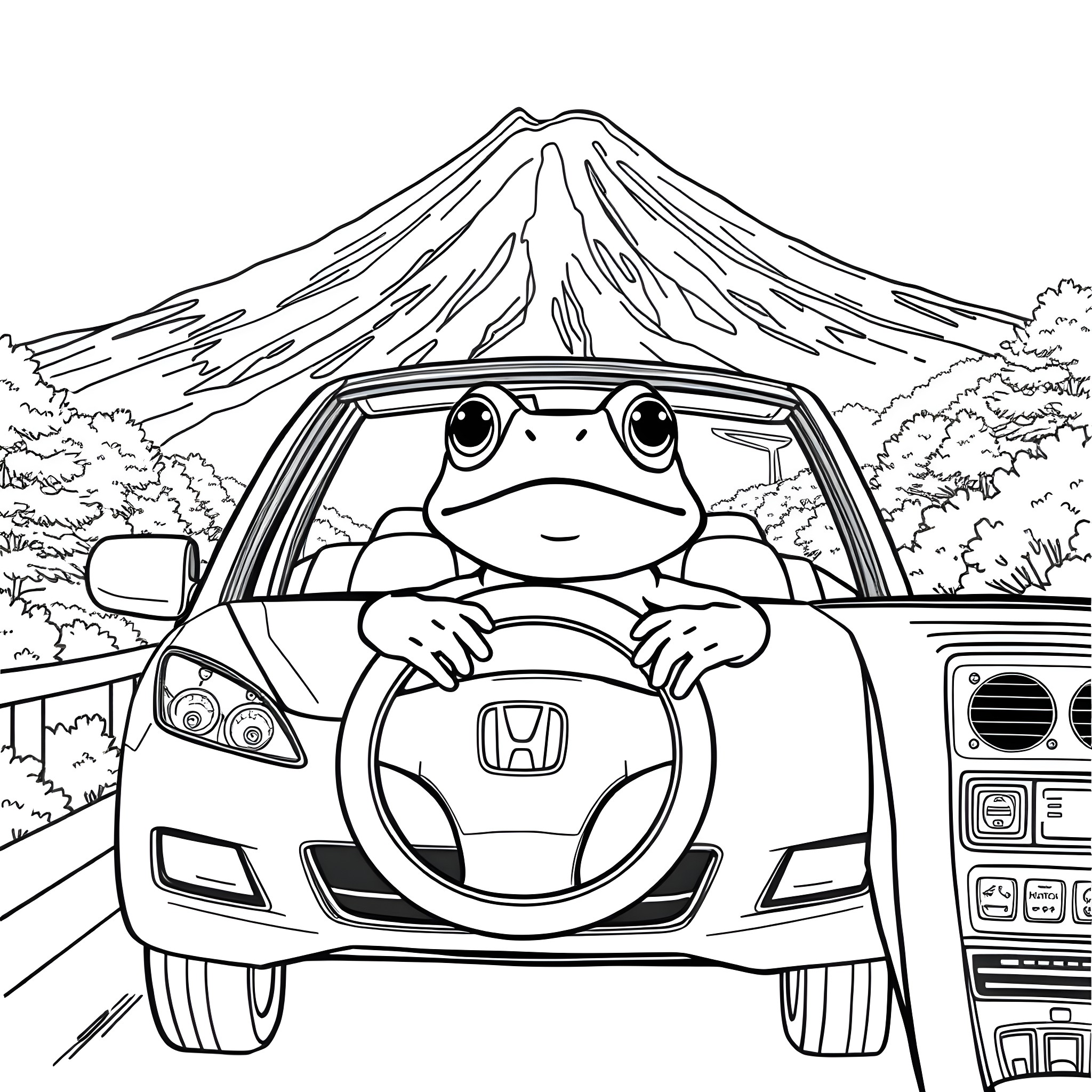 Frog driving a car with a mountain in the background Coloring Page (free black-and-white line drawing printable PDF for all, from beginners to advanced learners, including children, teens, adults, and seniors)