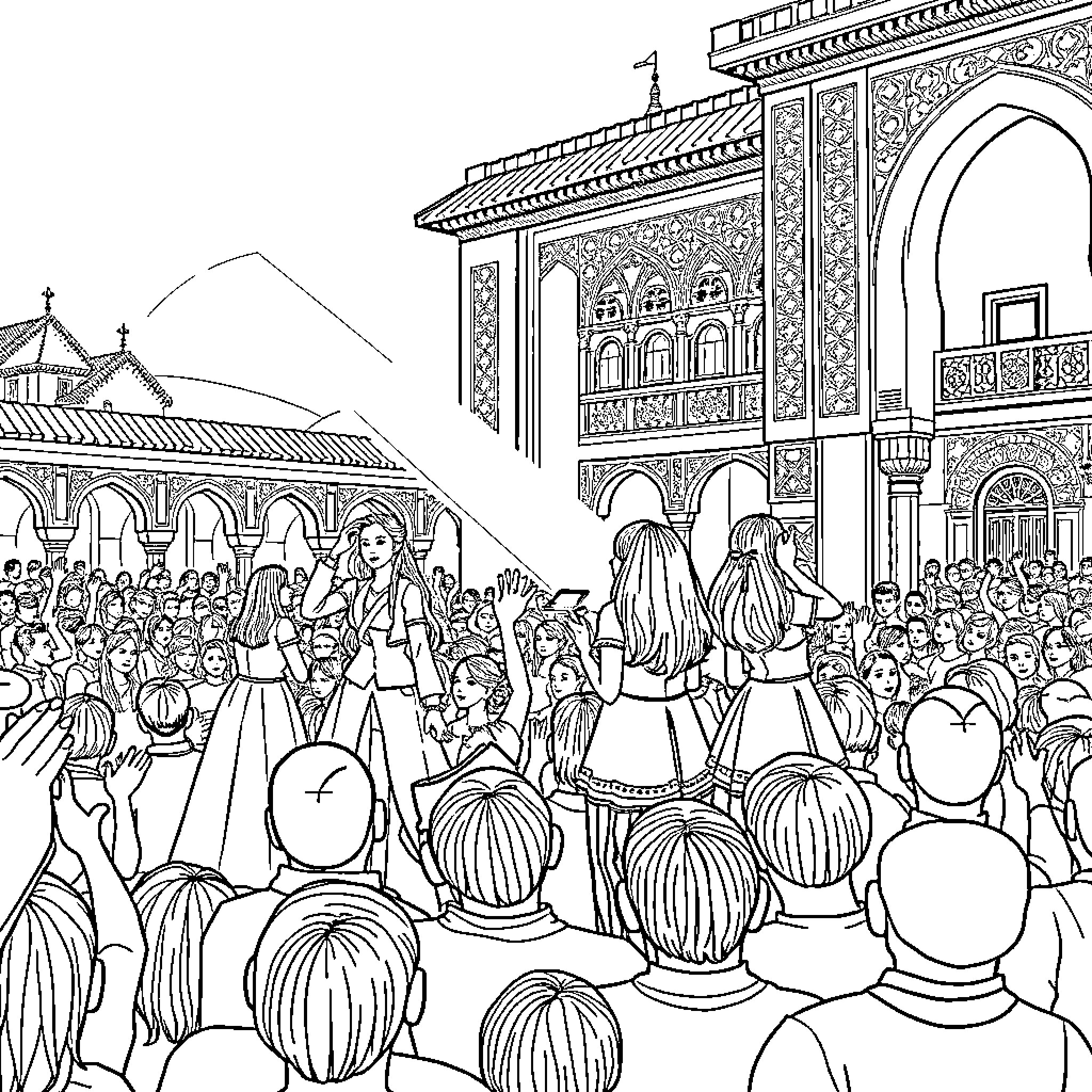 Huntrix Festival Celebration in Ornate Palace Courtyard Coloring Page (free black-and-white line drawing printable PDF for all, from beginners to advanced learners, including children, teens, adults, and seniors)