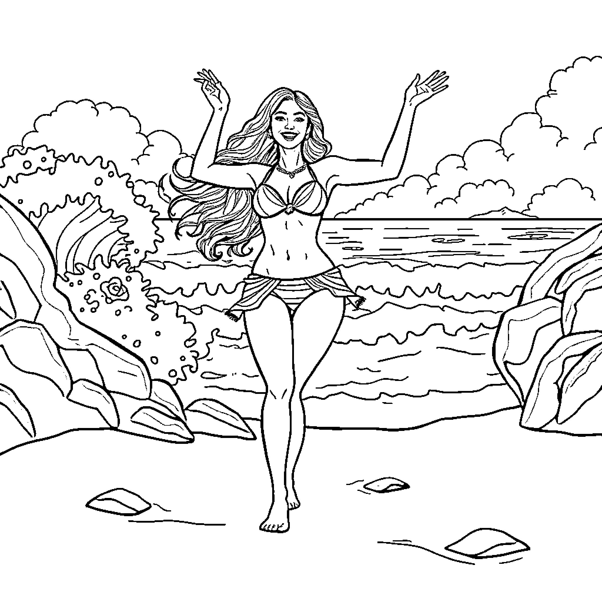Woman enjoying beach scenery with enthusiasm Coloring Page (free black-and-white line drawing printable PDF for all, from beginners to advanced learners, including children, teens, adults, and seniors)
