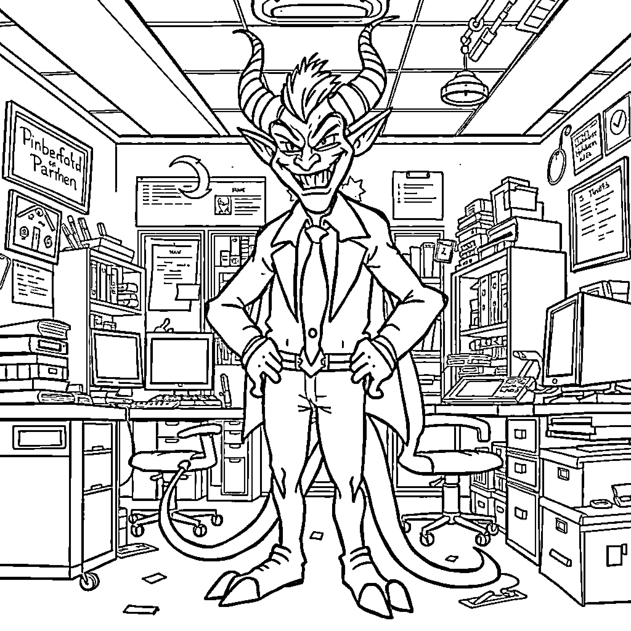 Blitzo's Mischievous Antics in the Office Coloring Page (free black-and-white line drawing printable PDF for all, from beginners to advanced learners, including children, teens, adults, and seniors)