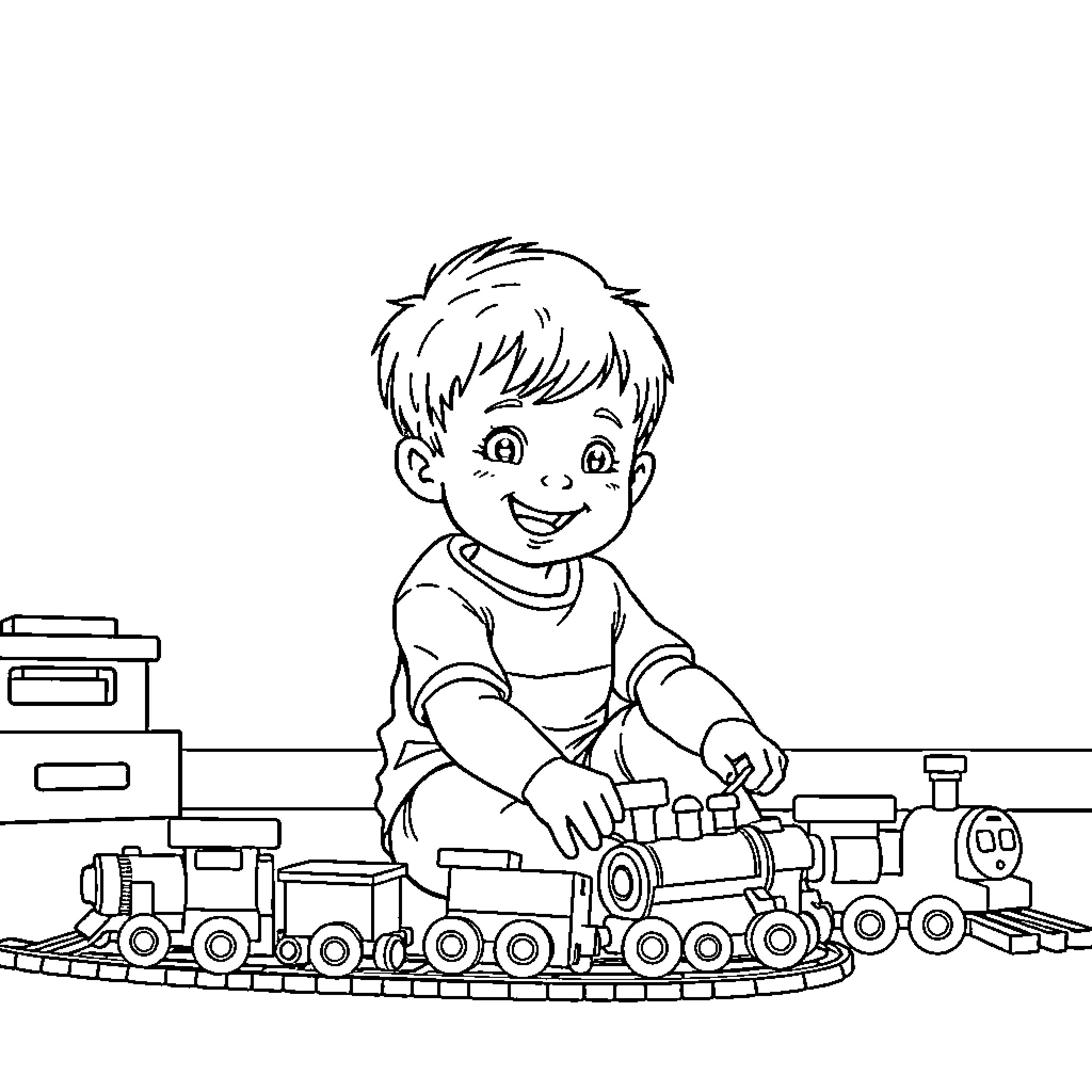 Boy playing happily with toy train Coloring Page (free black-and-white line drawing printable PDF for all, from beginners to advanced learners, including children, teens, adults, and seniors)