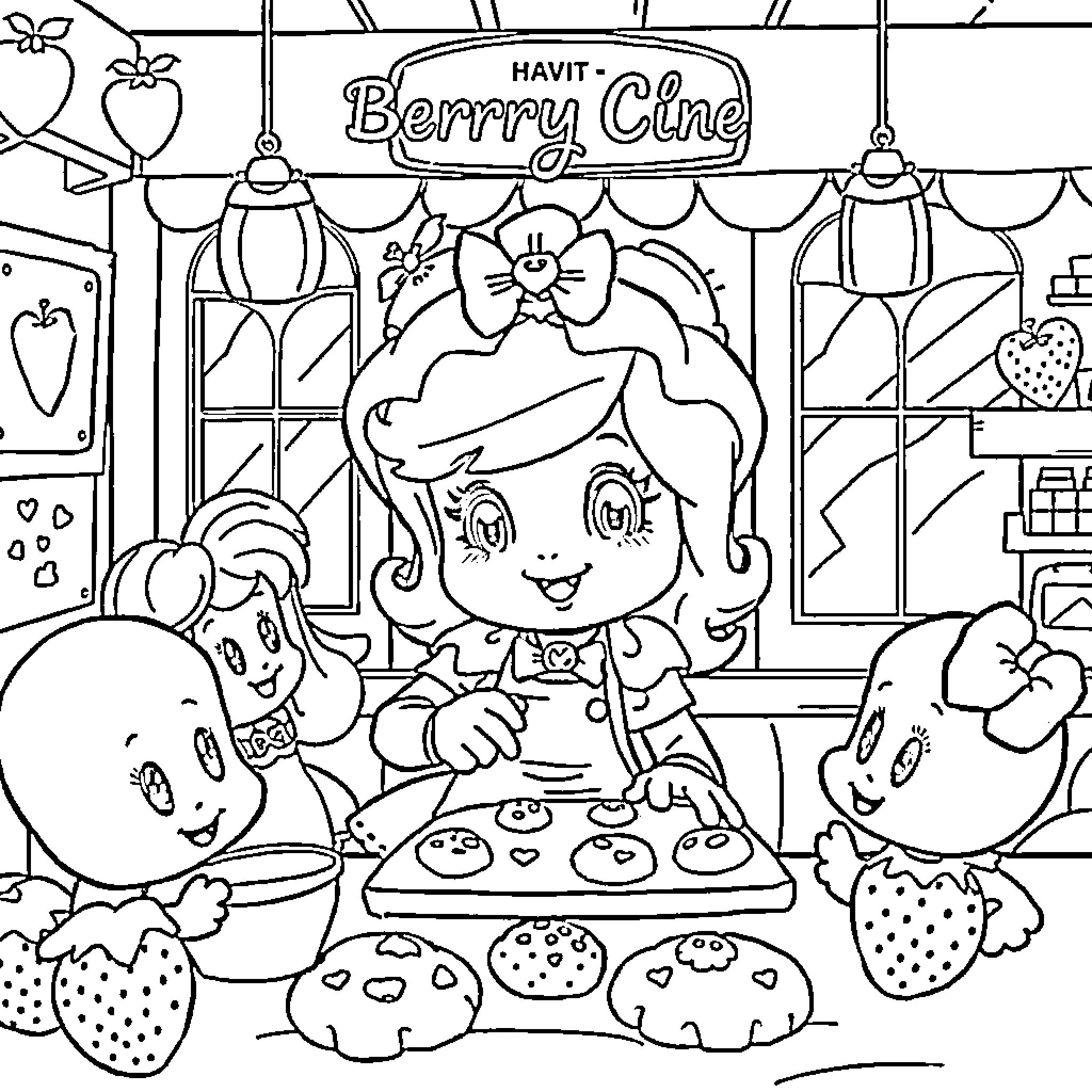 Strawberry Shortcake and friends baking treats at the Berry Cafe Coloring Page (free black-and-white line drawing printable PDF for all, from beginners to advanced learners, including children, teens, adults, and seniors)