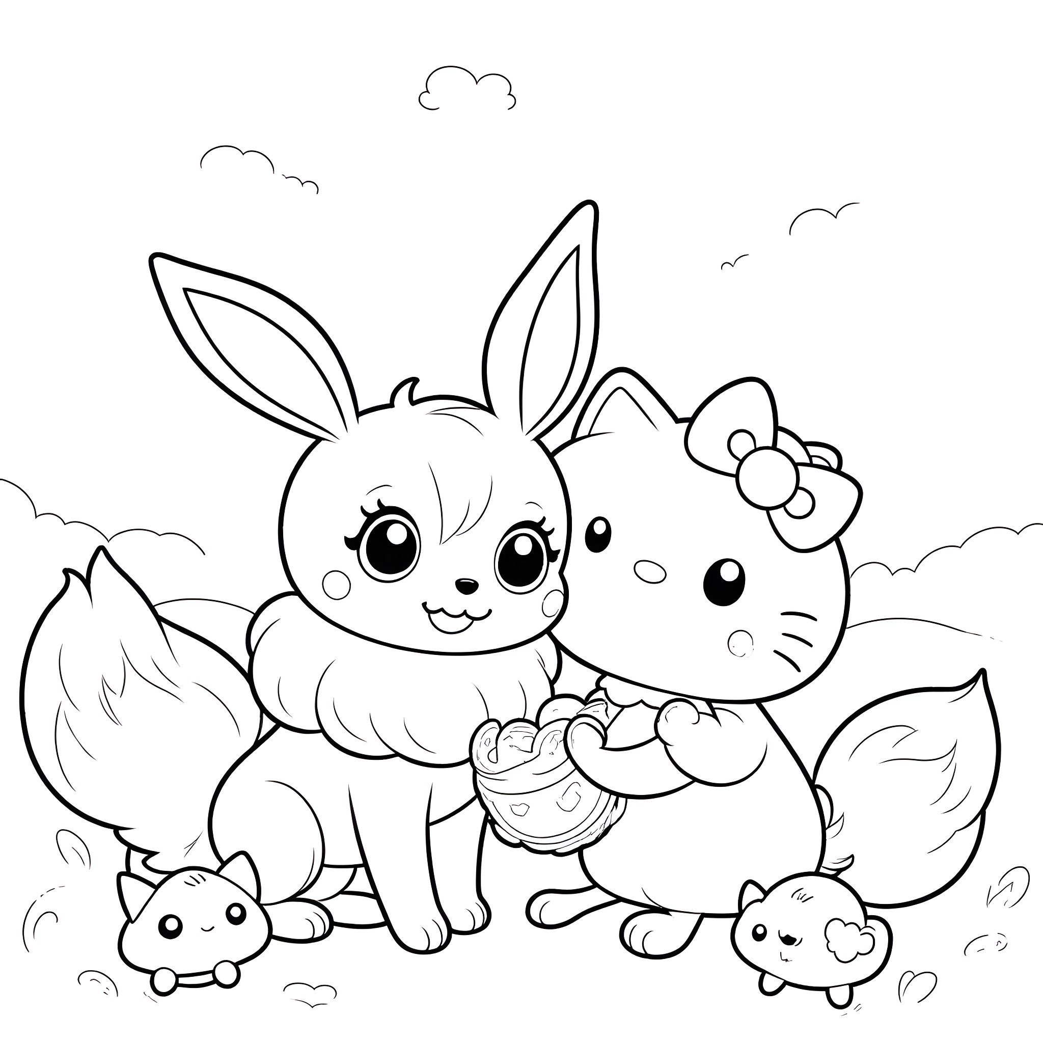 Eevee and friends enjoying the outdoors Coloring Page (free black-and-white line drawing printable PDF for all, from beginners to advanced learners, including children, teens, adults, and seniors)