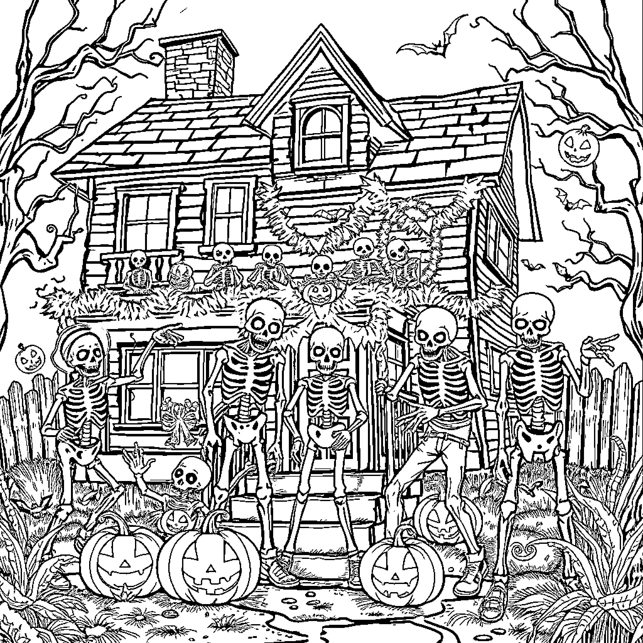 Zombie Skeletons Celebrating Halloween in a Spooky Haunted House Coloring Page (free black-and-white line drawing printable PDF for all, from beginners to advanced learners, including children, teens, adults, and seniors)