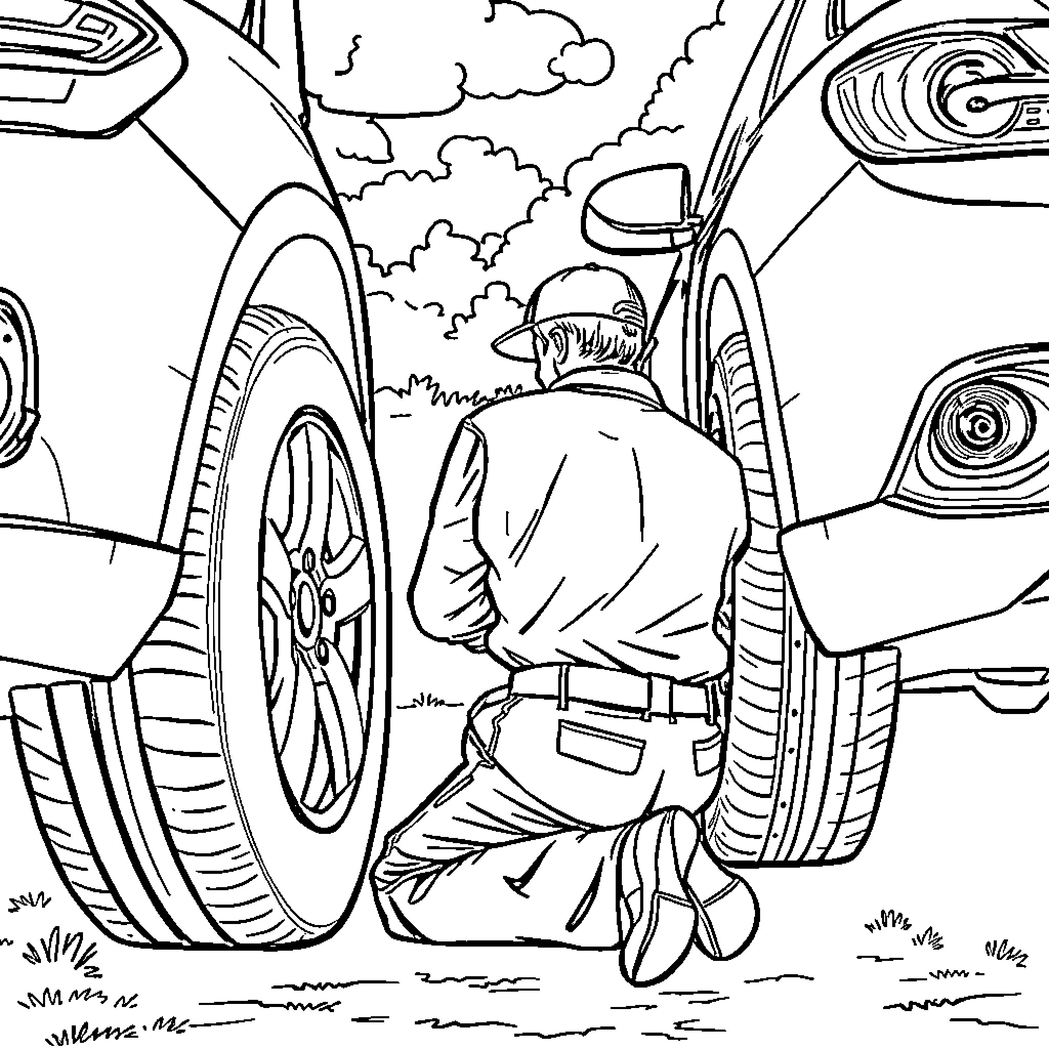 Mechanic Inspecting and Repairing Car Tire Coloring Page (free black-and-white line drawing printable PDF for all, from beginners to advanced learners, including children, teens, adults, and seniors)