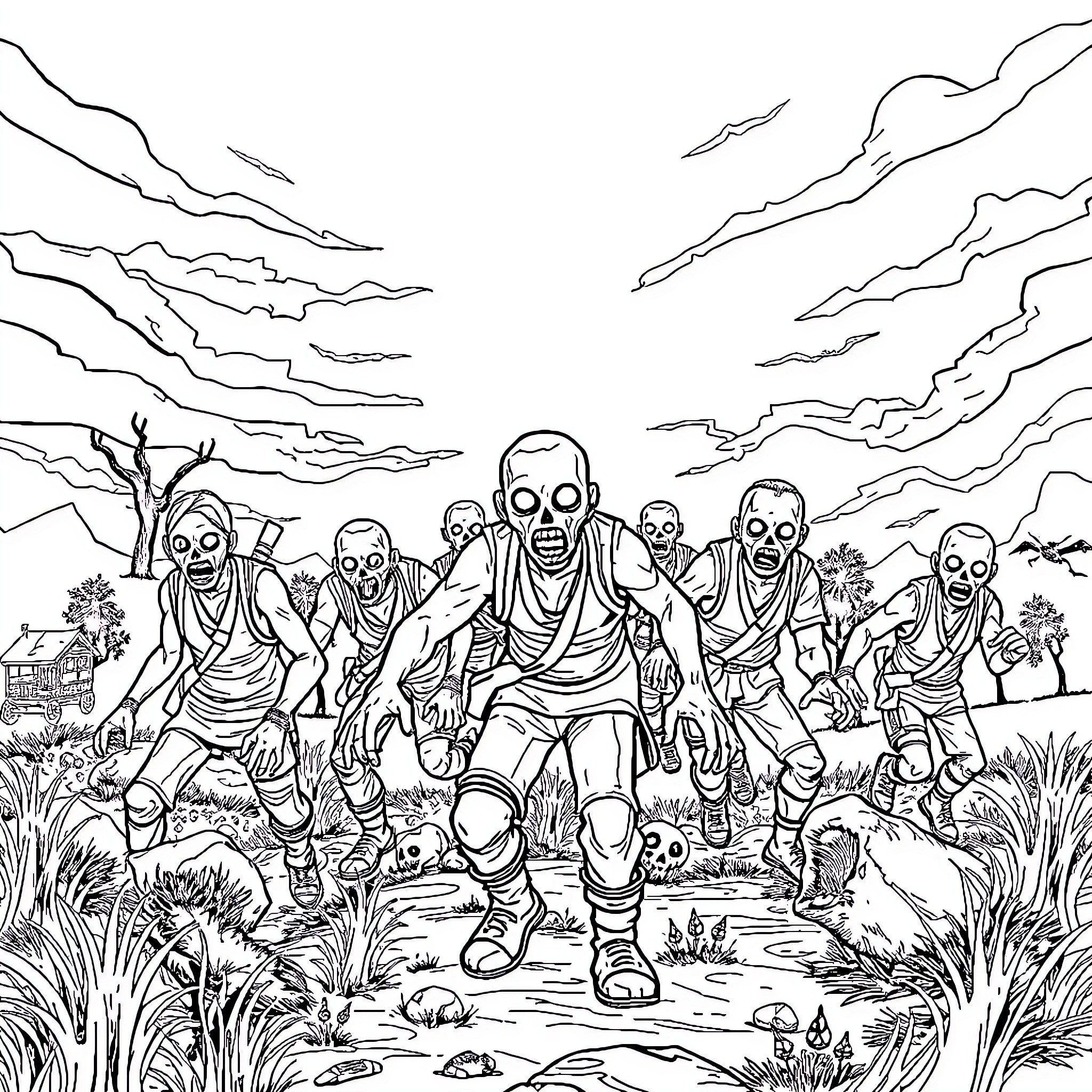 Zombie horde marching through the countryside Coloring Page (free black-and-white line drawing printable PDF for all, from beginners to advanced learners, including children, teens, adults, and seniors)